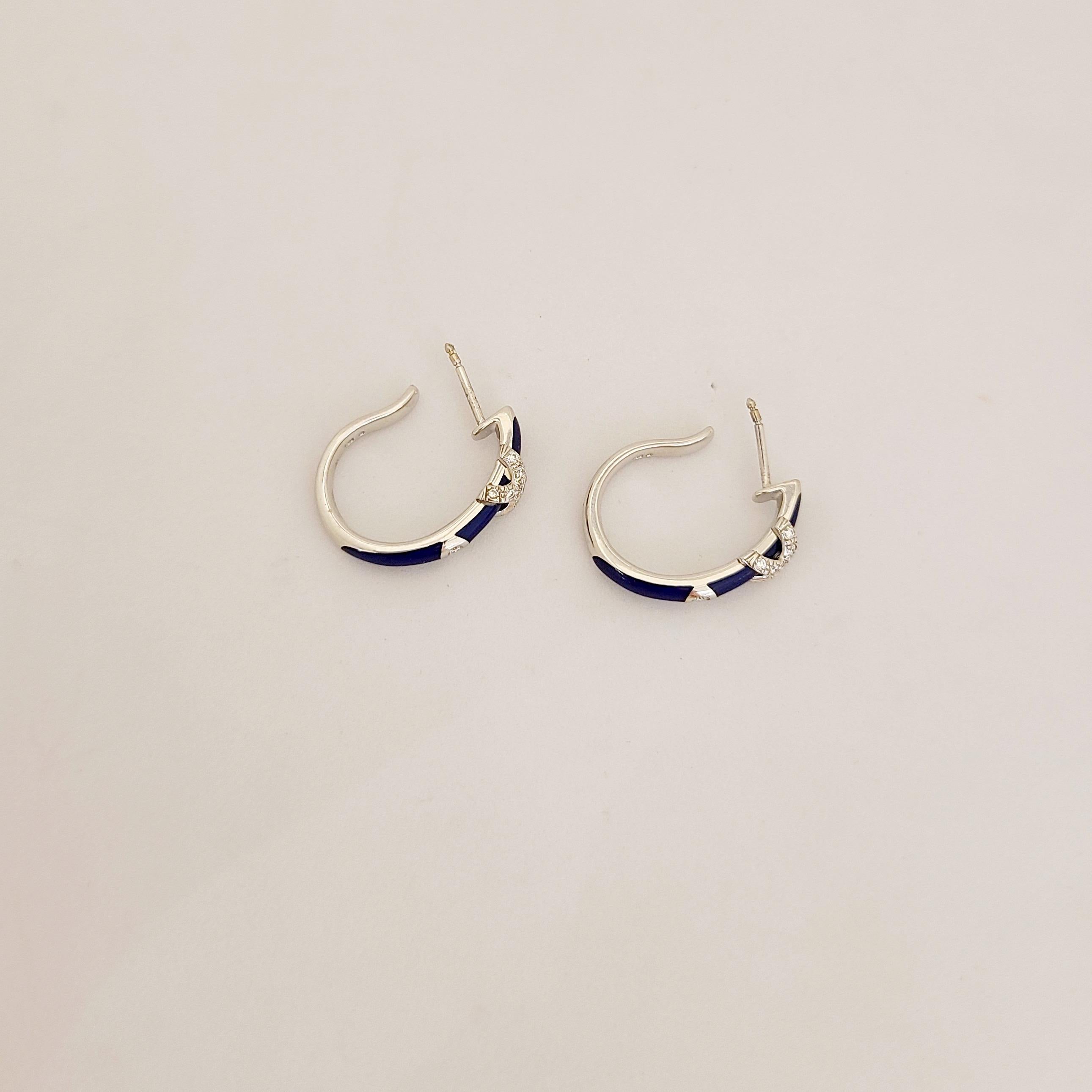 Art Nouveau Faberge 18kt White Gold Diamond 0.22ct. and Blue Enamel Hoop Earrings #18 For Sale