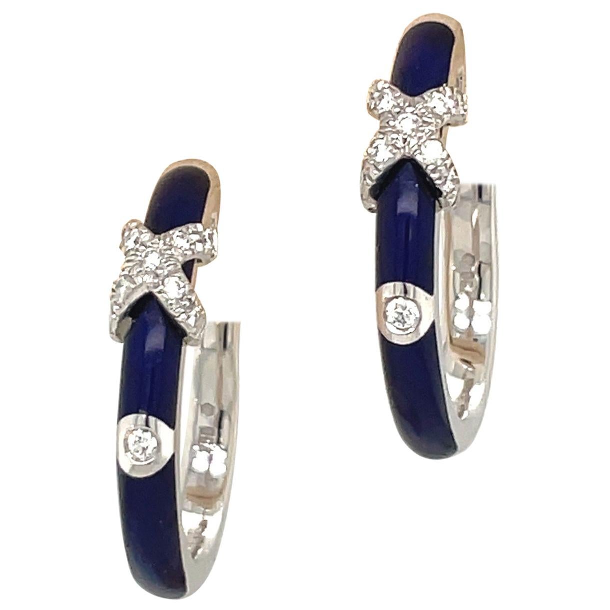 Faberge 18kt White Gold Diamond 0.22ct. and Blue Enamel Hoop Earrings #18 For Sale