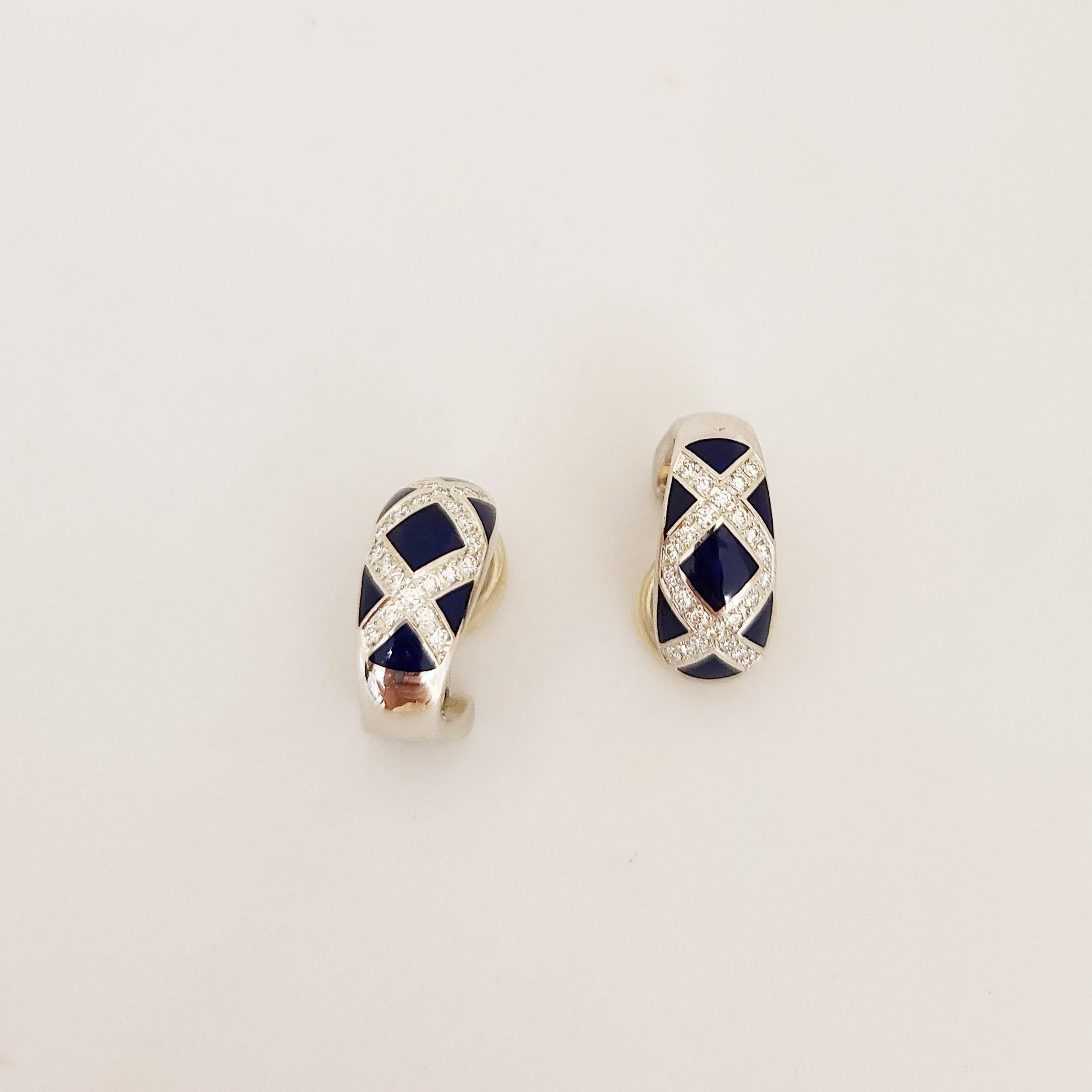 Ohrringe von Faberge aus 18 Karat Gold mit Diamant 0,48 Karat und blauer Emaille, Zertifikat für Damen oder Herren im Angebot