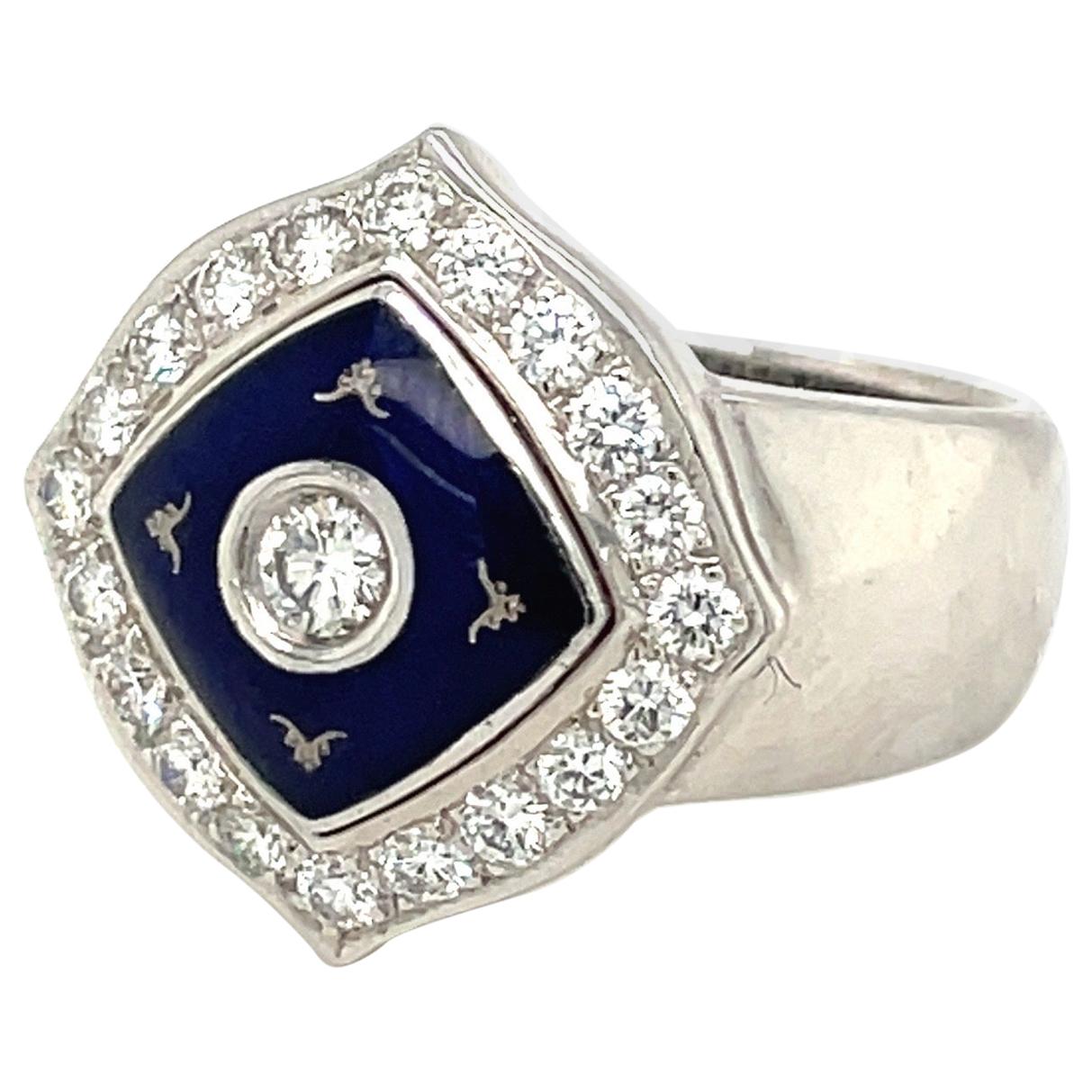 Faberge 18KT White Gold Diamond 0.66 Carat & Blue Enamel Ring, with Certificate For Sale