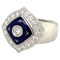 Used Faberge 18KT White Gold Diamond 0.66 Carat & Blue Enamel Ring, with Certificate