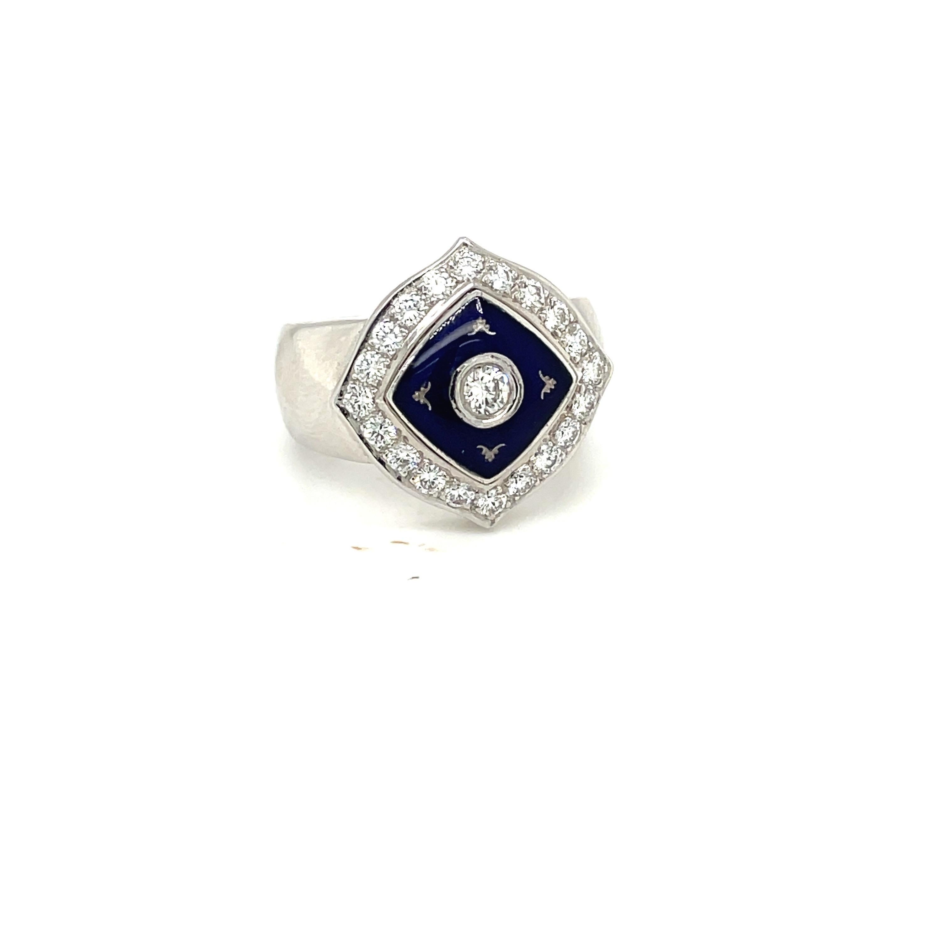 Art Nouveau Faberge 18KT White Gold Diamond 0.66 Carat & Blue Enamel Ring, with Certificate For Sale