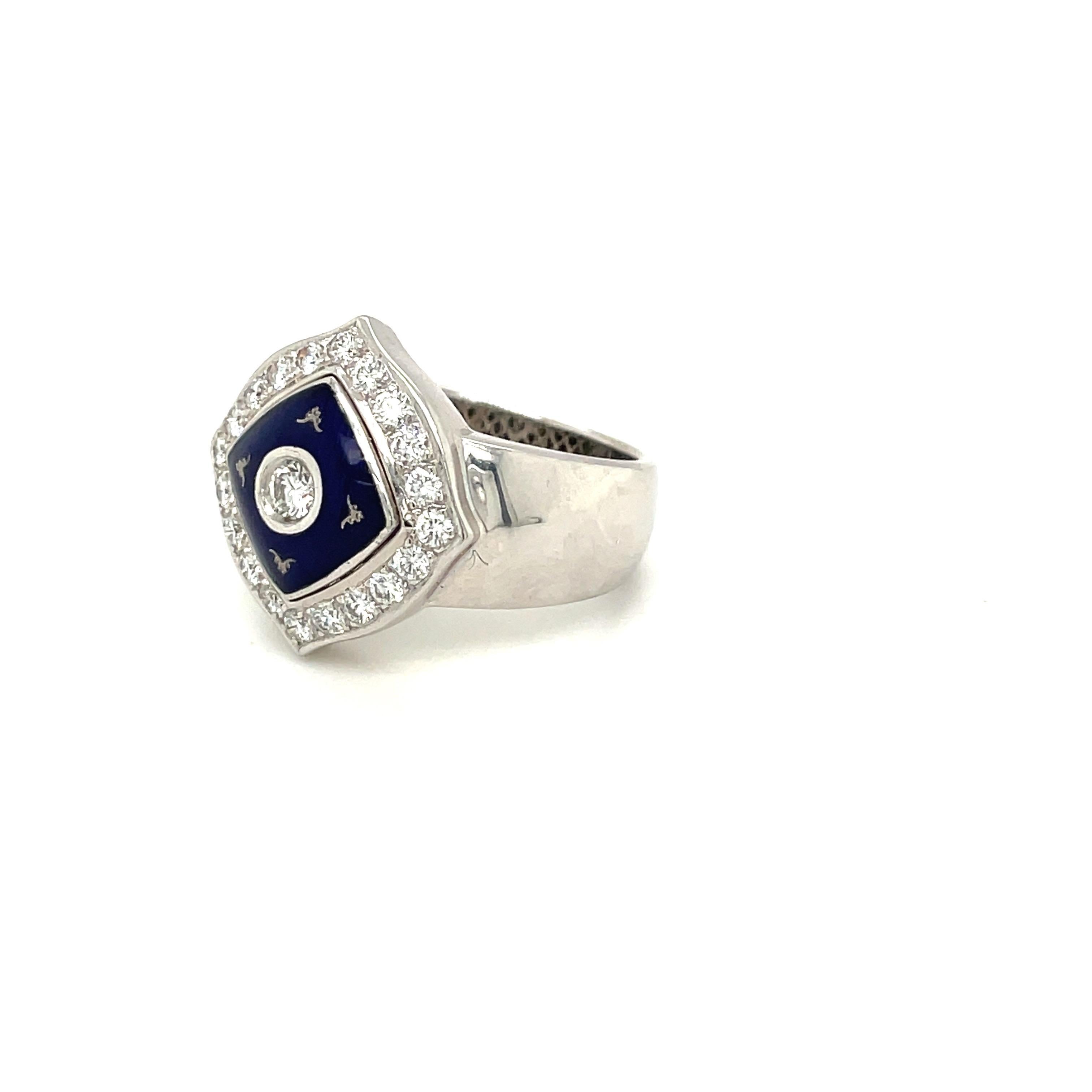 Faberge 18KT White Gold Diamond 0.66 Carat & Blue Enamel Ring, with Certificate In New Condition For Sale In New York, NY