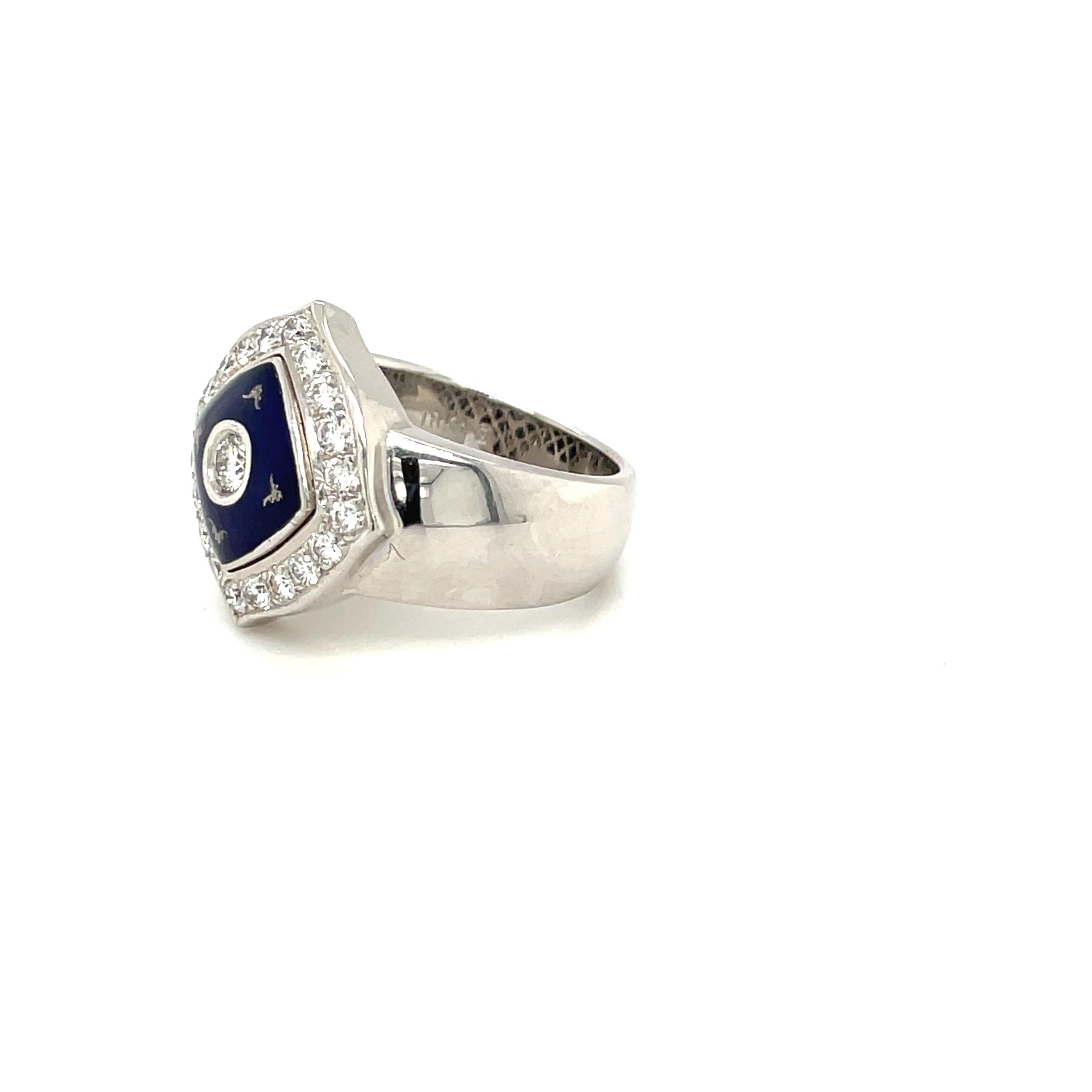 Women's or Men's Faberge 18KT White Gold Diamond 0.66 Carat & Blue Enamel Ring, with Certificate For Sale