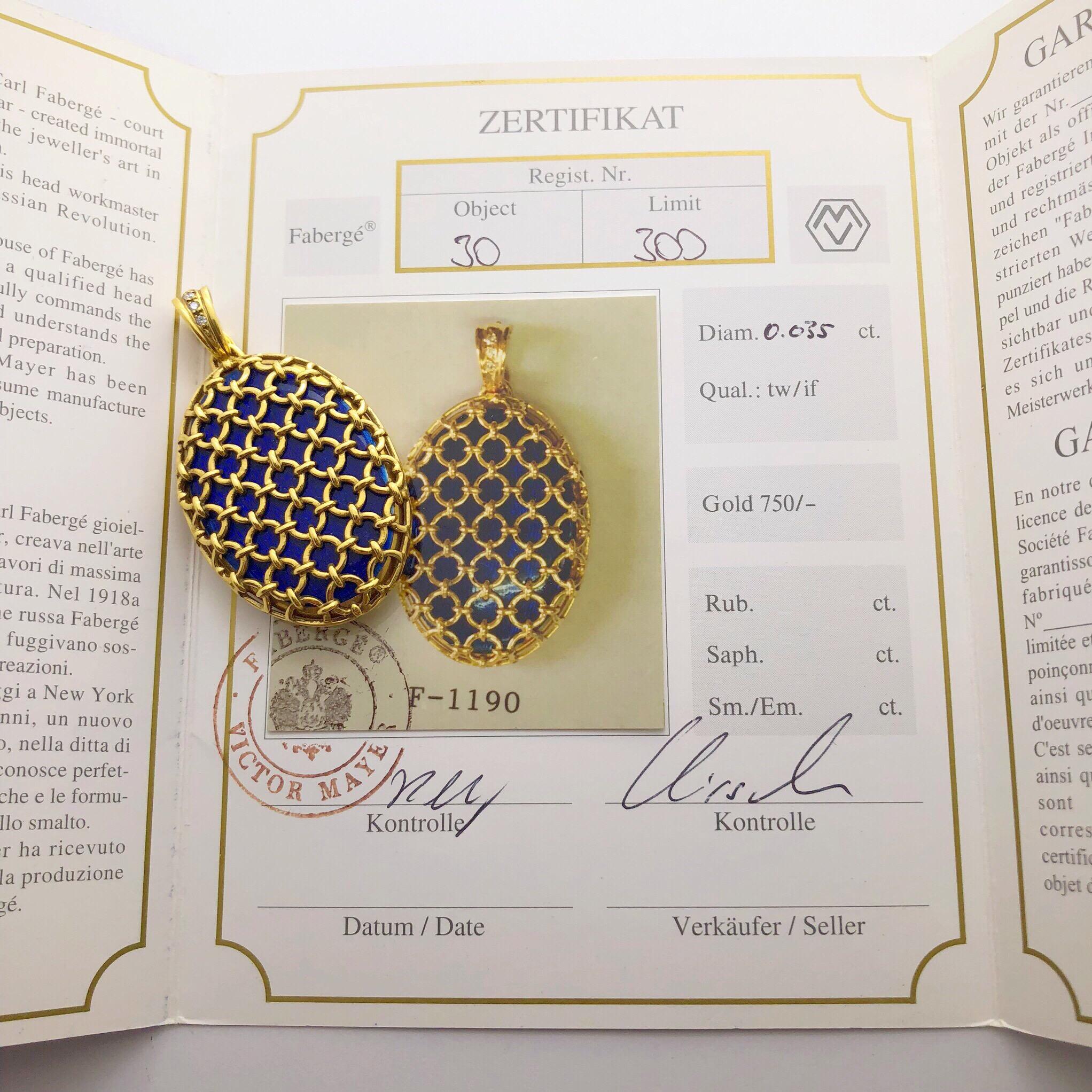 Women's or Men's Modern Faberge 18 Karat Yellow Gold Blue Guilloché Caged Locket with Certificate
