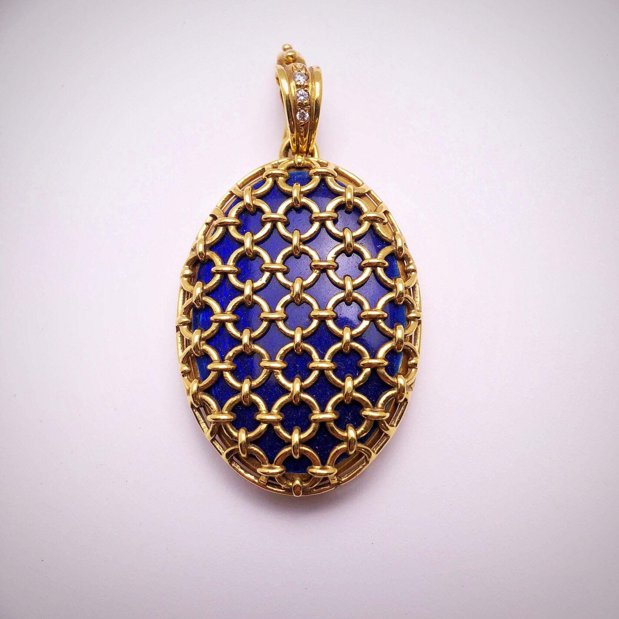 Modern Faberge 18 Karat Yellow Gold Blue Guilloché Caged Locket with Certificate 1