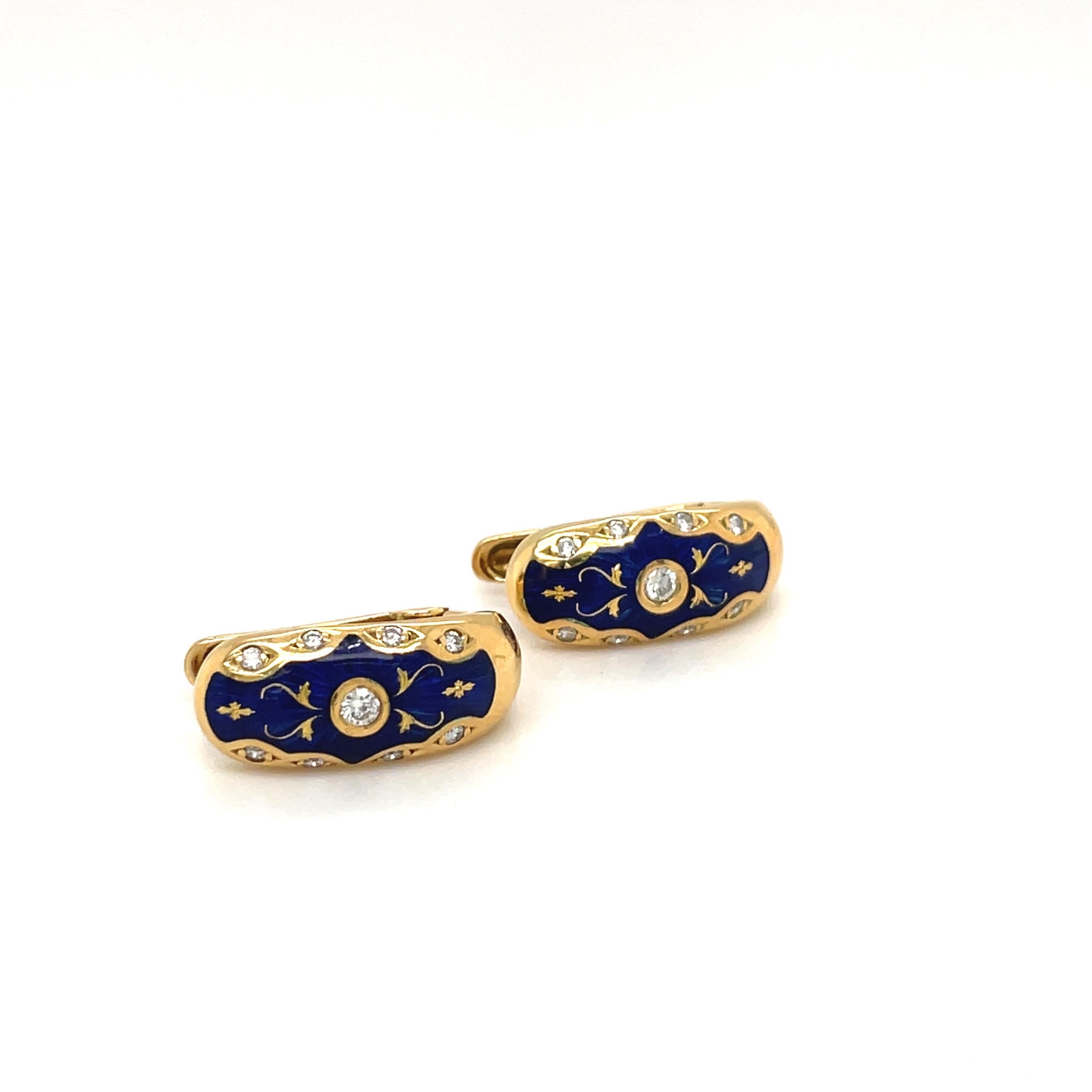 Art Nouveau Faberge 18kt Yellow Gold Diamond 0.24cts. & Blue Enamel Huggy Earrings #51/300 For Sale
