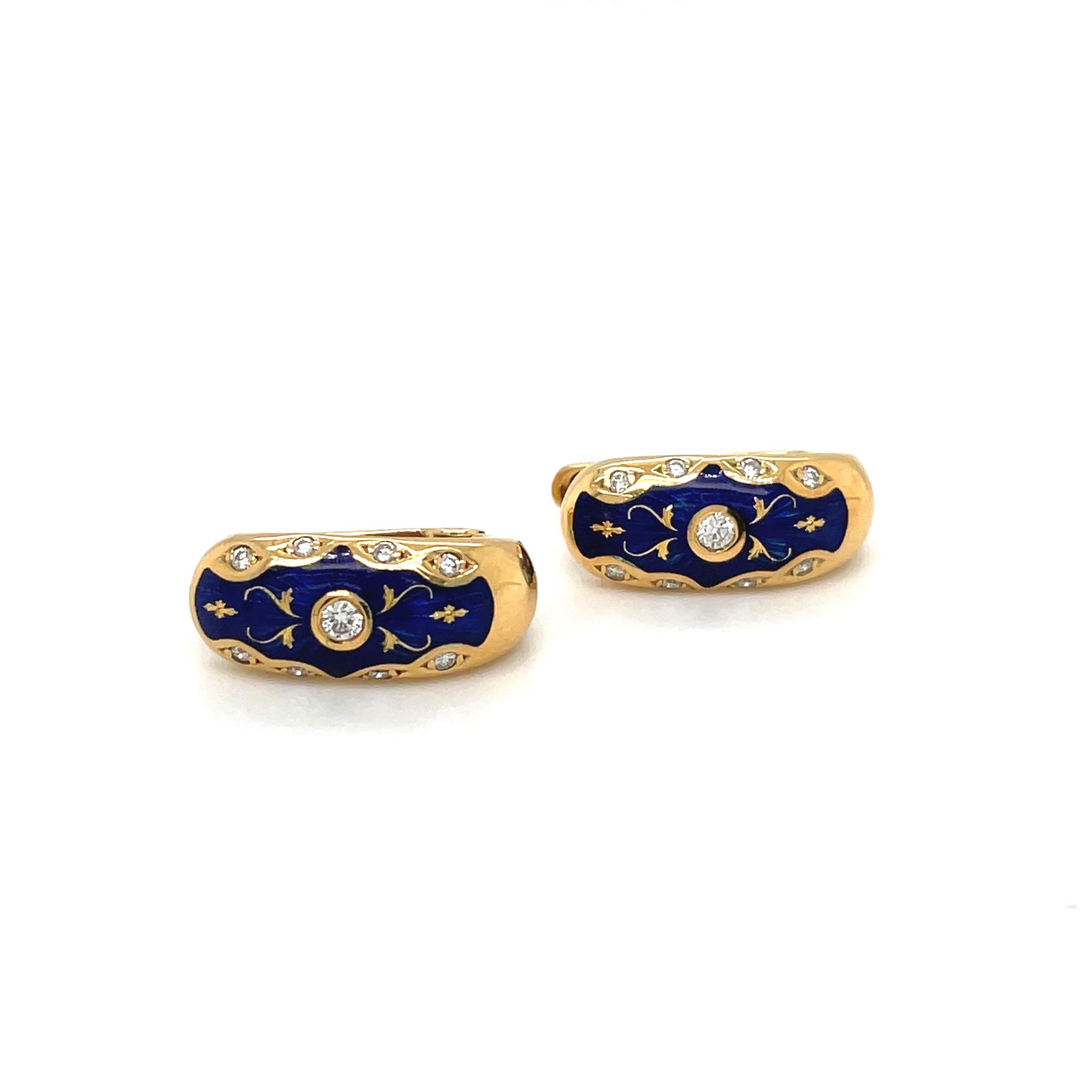 Round Cut Faberge 18kt Yellow Gold Diamond 0.24cts. & Blue Enamel Huggy Earrings #51/300 For Sale