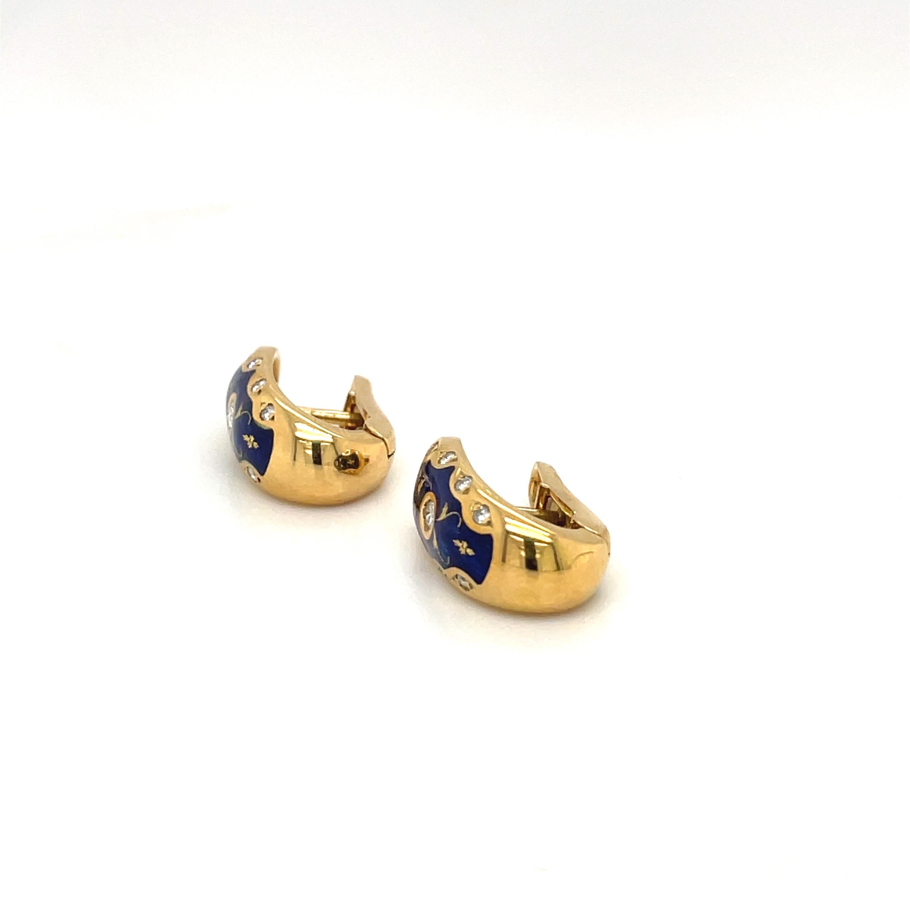 Faberge 18kt Yellow Gold Diamond 0.24Cts. & Blue Enamel Huggy Earrings #51/300 In New Condition In New York, NY