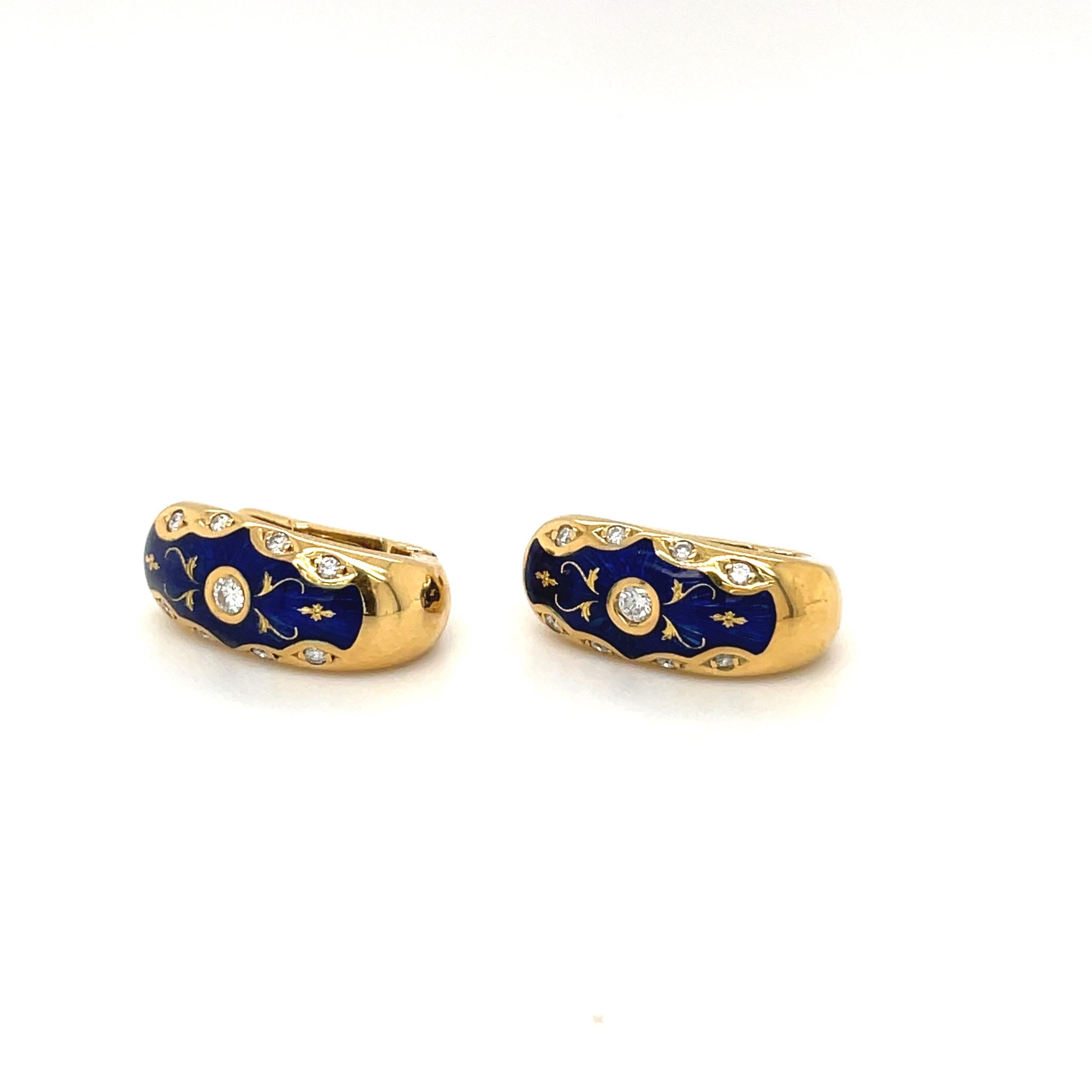 Women's or Men's Faberge 18kt Yellow Gold Diamond 0.24cts. & Blue Enamel Huggy Earrings #51/300 For Sale