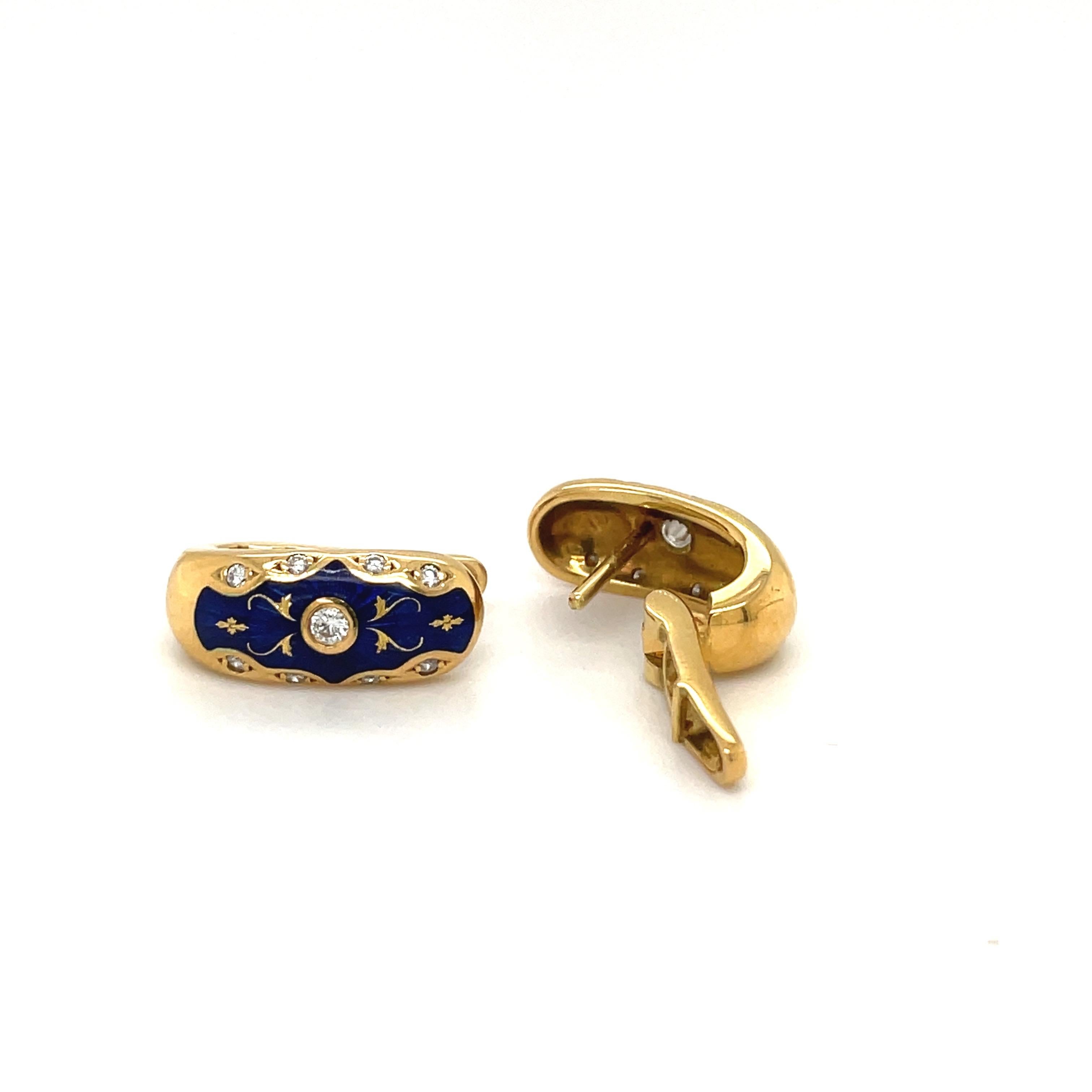Pendientes abrazados Faberge de oro amarillo de 18 quilates con diamantes de 0,24 quilates y esmalte azul #51/300 en venta 1