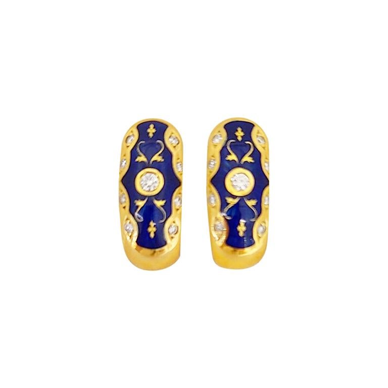Faberge 18kt Yellow Gold Diamond 0.24Cts. & Blue Enamel Huggy Earrings #51/300