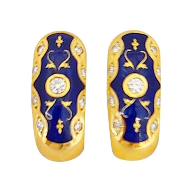 Faberge Huggy-Ohrringe #51/300, 18 Karat Gelbgold Diamant 0,24 Karat & blaue Emaille