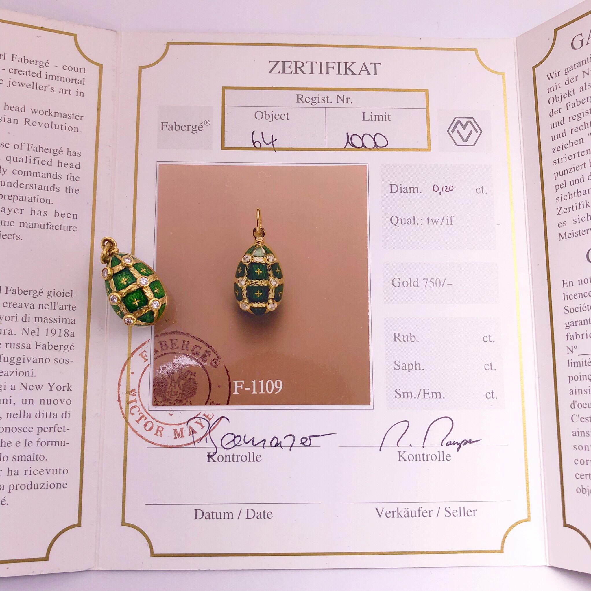 This 18 karat yellow gold and green enamel egg was crated by Victor Mayer. Crafted in the tradition of the original Imperial eggs, this pendant egg features Faberges iconic Guilloché  enameling in green which is detailed with 6 mini gold motifs. The