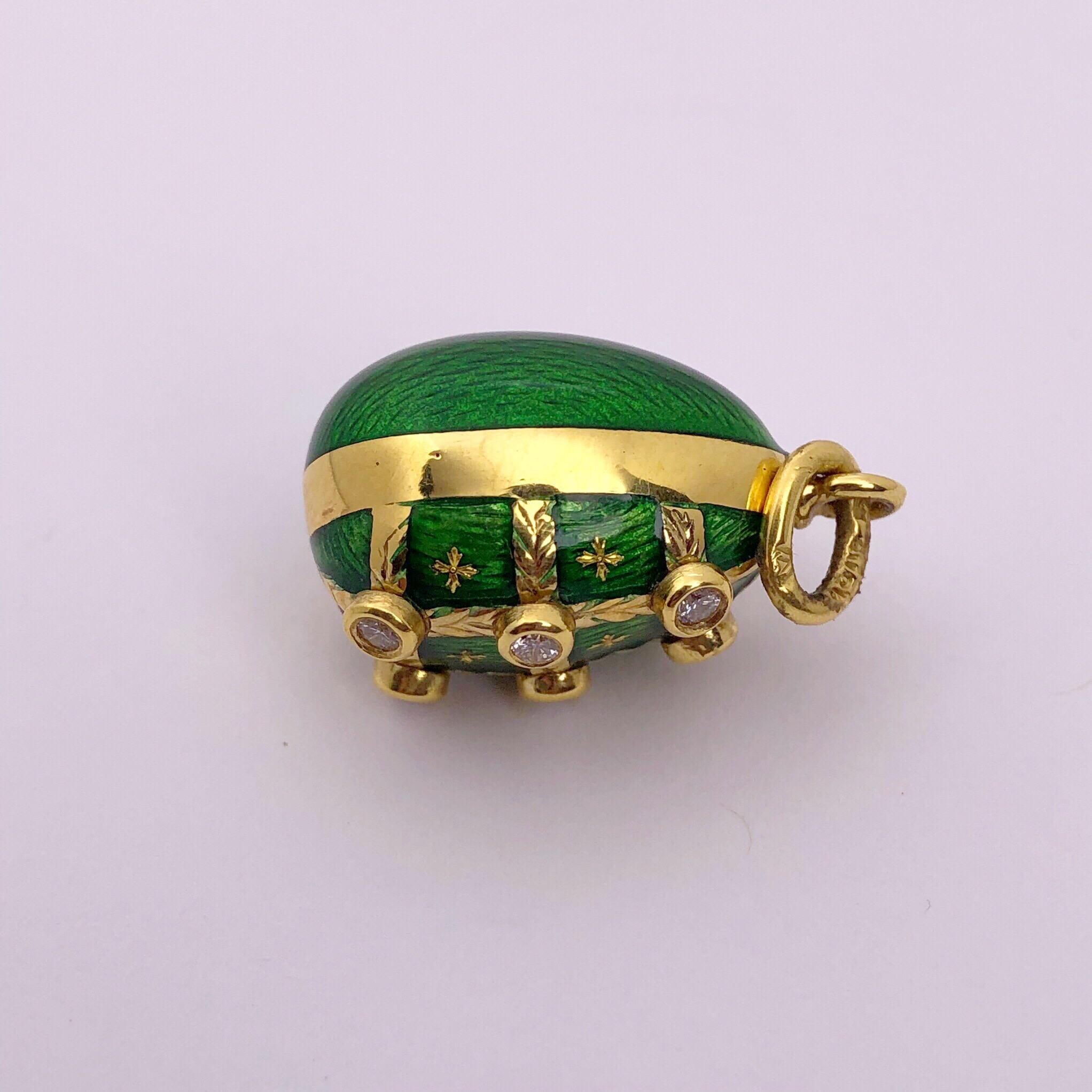 Women's or Men's Faberge 18Kt Yellow Gold & Guilloché Caged Egg pendant w/ Diamonds & Certificate