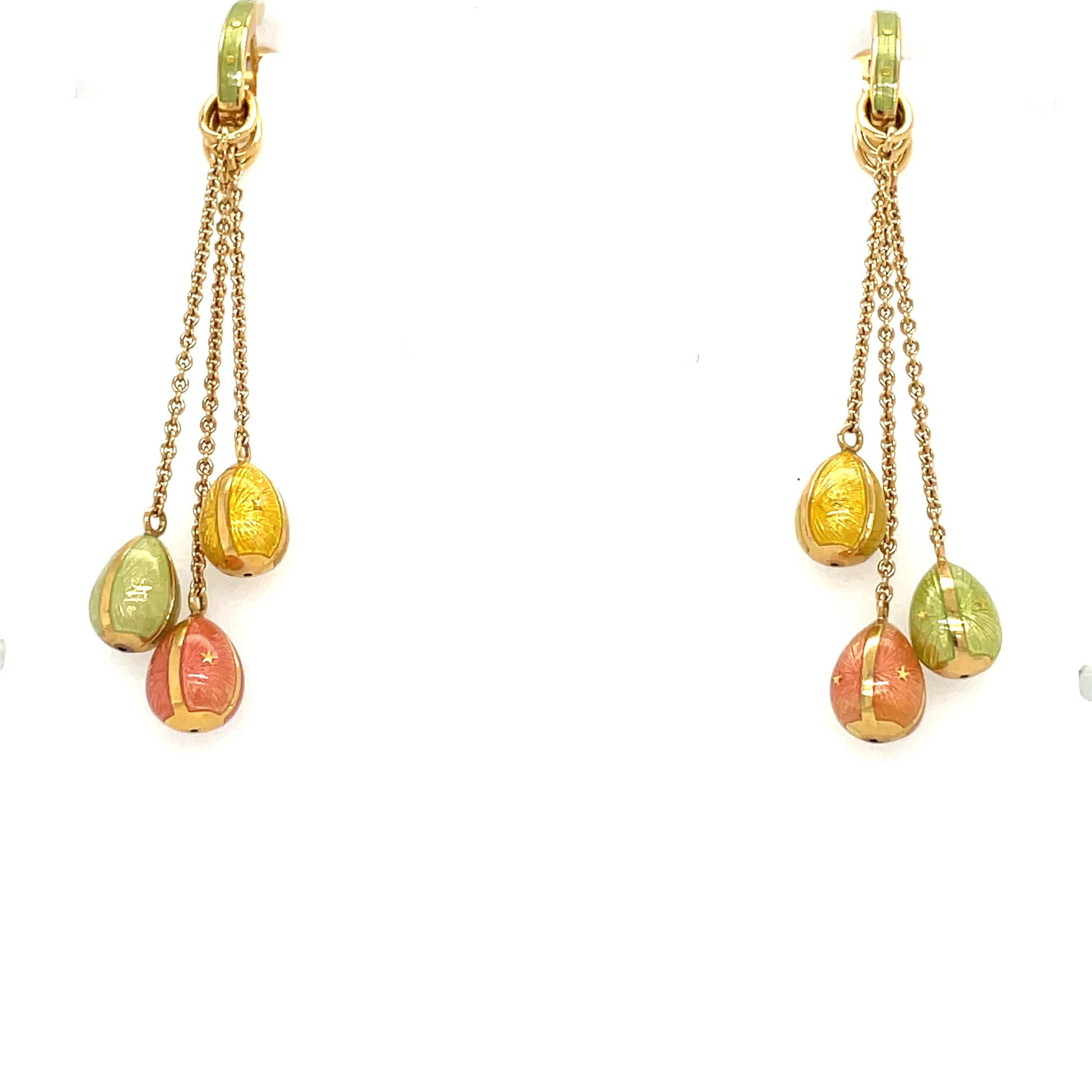 Art Nouveau Faberge 18kt Yellow Gold & Peach, Green & Yellow Enamel Hanging Eggs Earrings