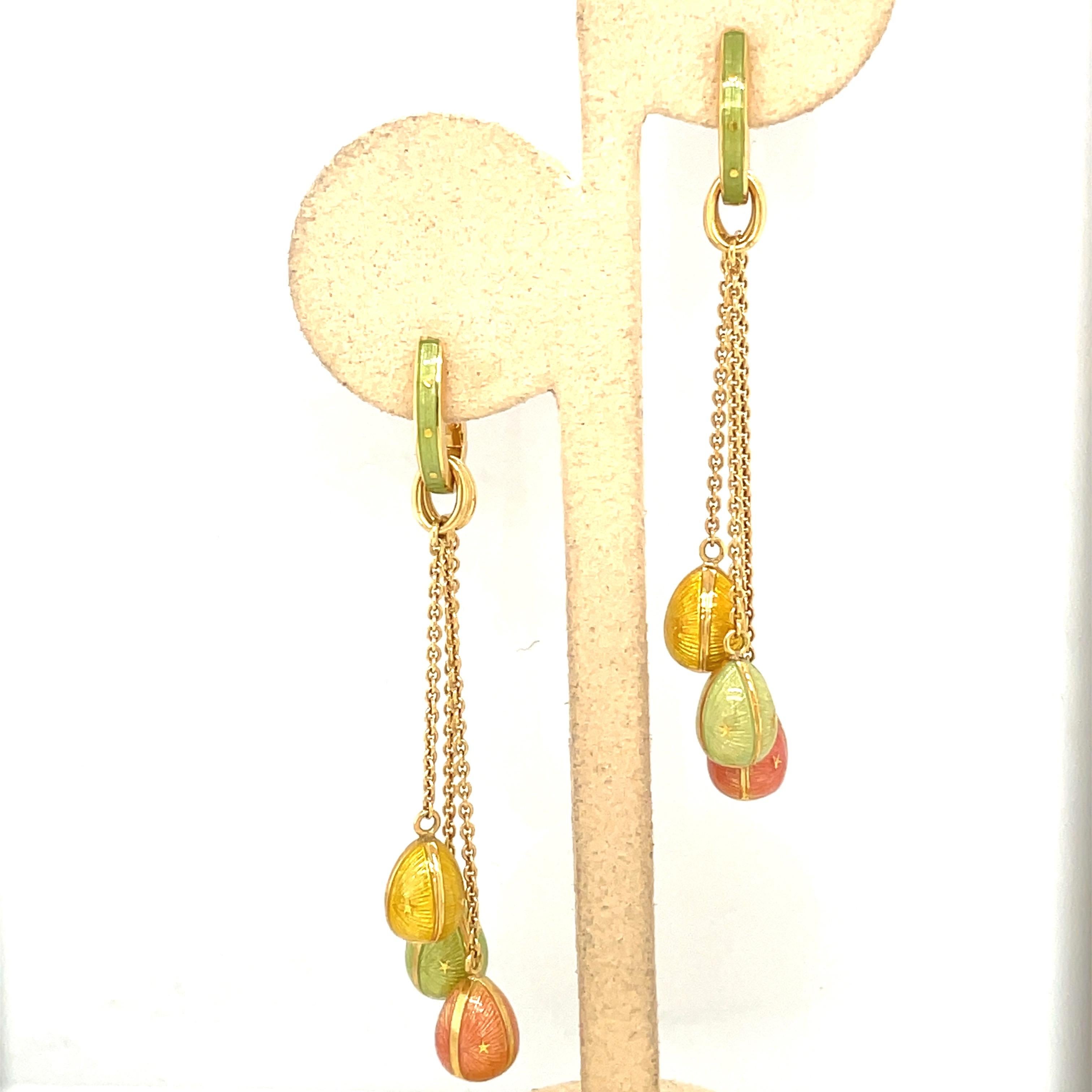 Faberge 18kt Yellow Gold & Peach, Green & Yellow Enamel Hanging Eggs Earrings In New Condition In New York, NY