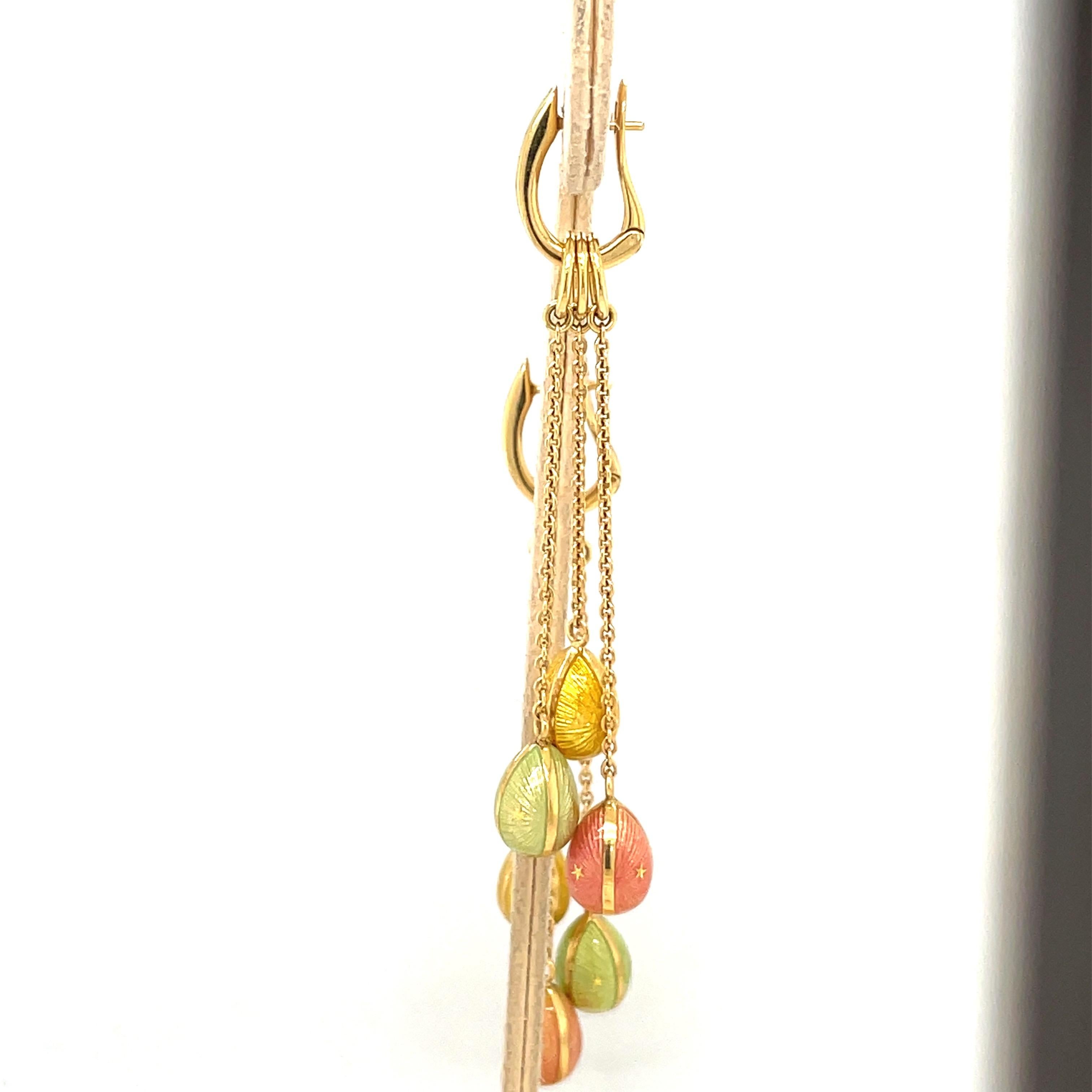 Faberge 18kt Yellow Gold & Peach, Green & Yellow Enamel Hanging Eggs Earrings 1