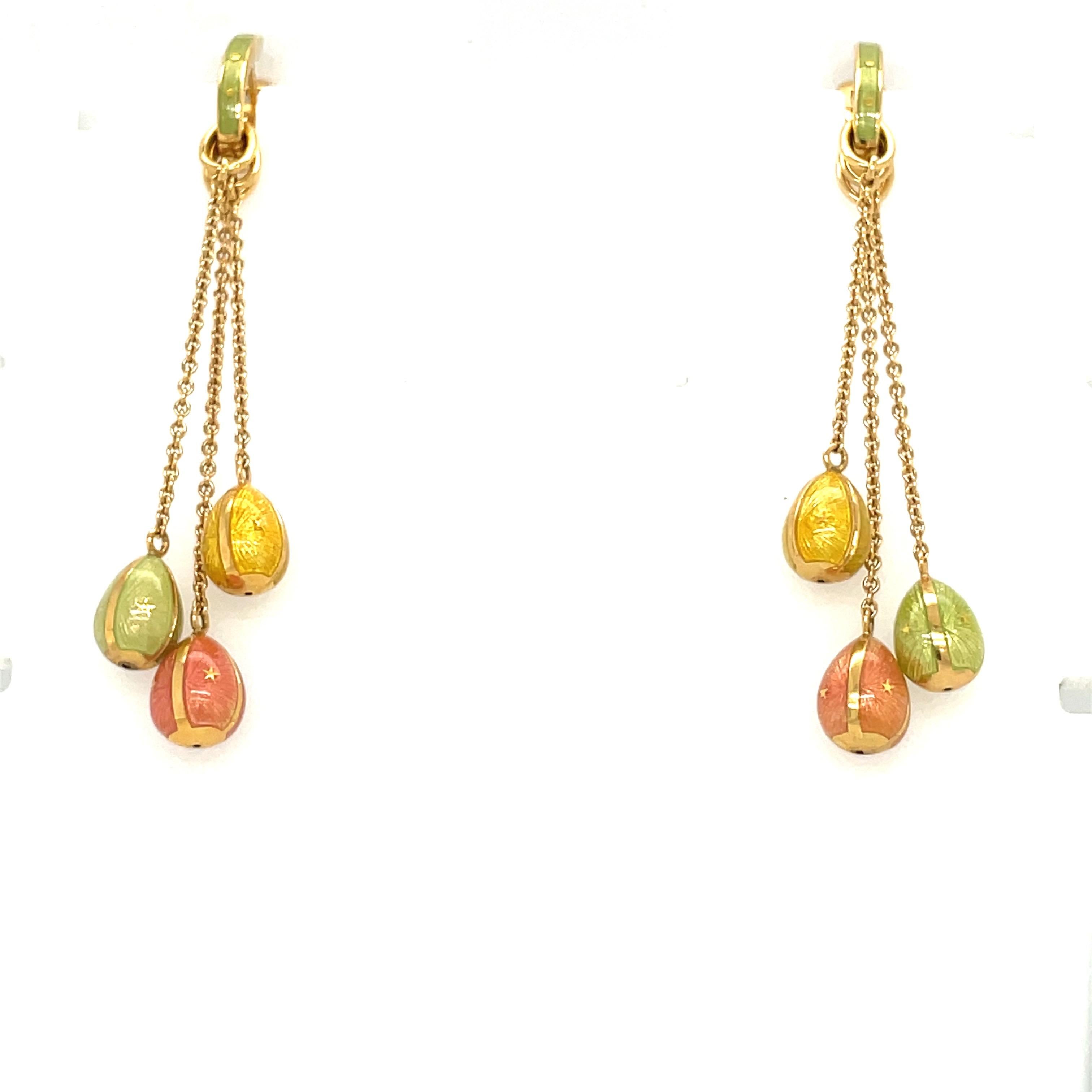 Faberge 18kt Yellow Gold & Peach, Green & Yellow Enamel Hanging Eggs Earrings 2