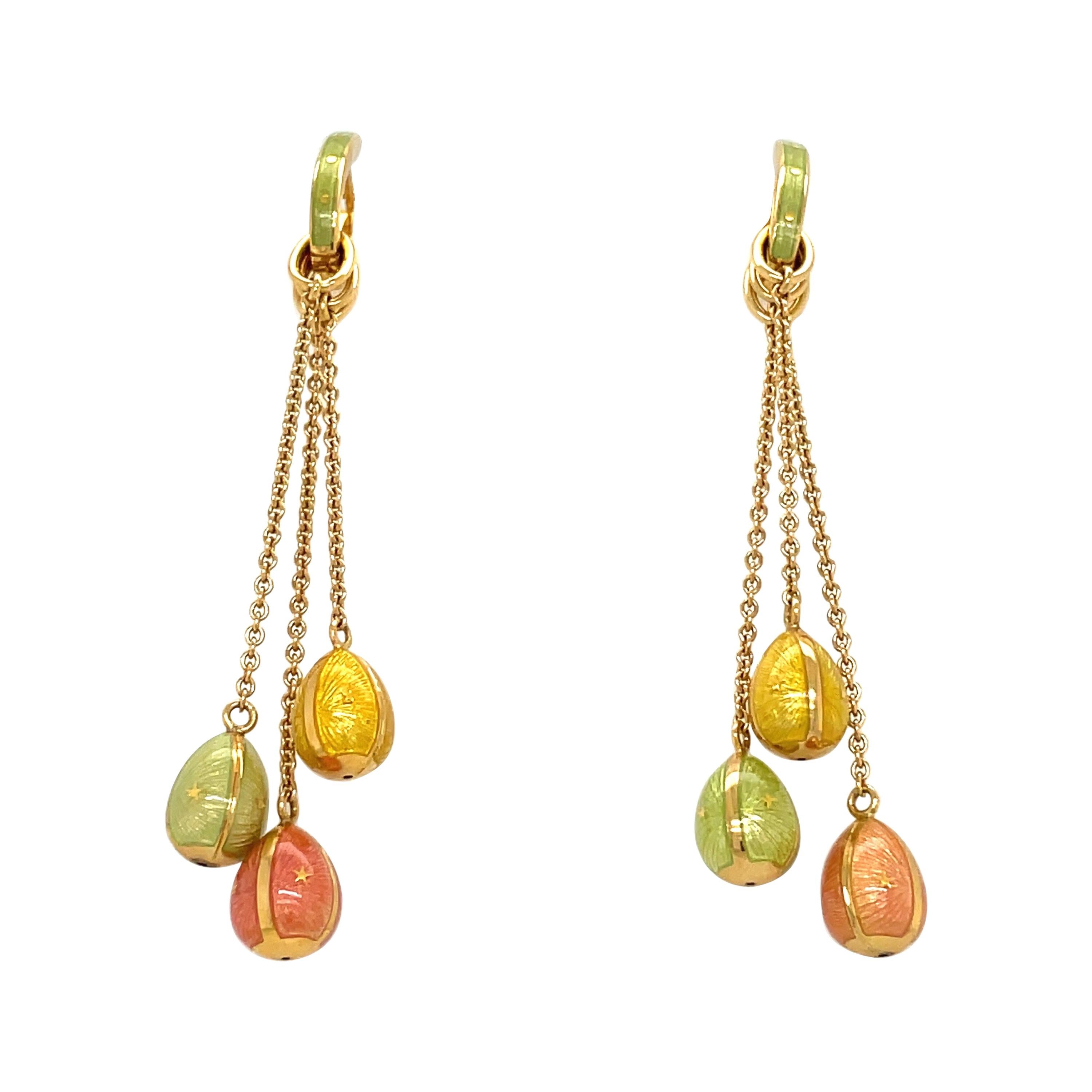 Faberge 18kt Yellow Gold & Peach, Green & Yellow Enamel Hanging Eggs Earrings