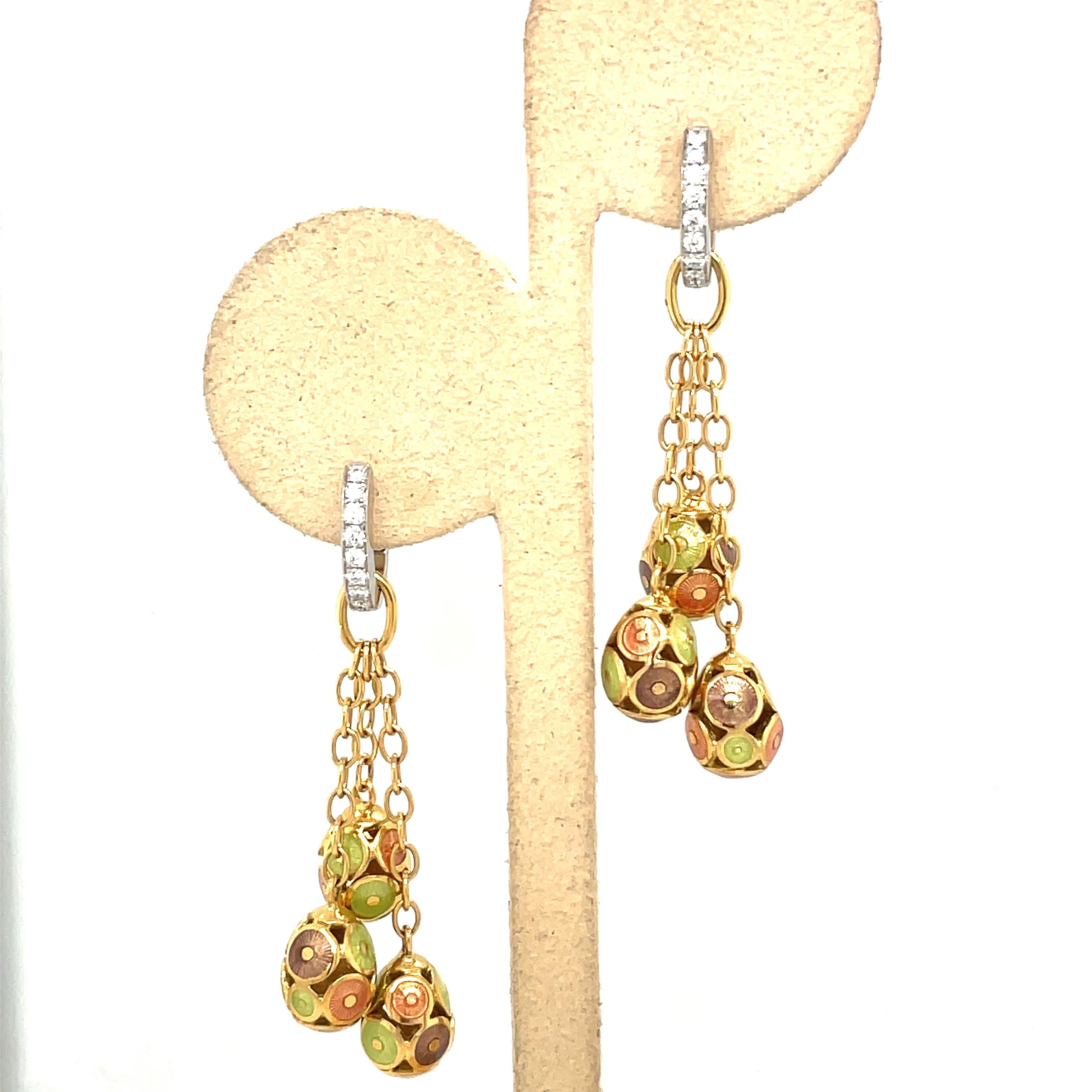 Faberge 18KT Yellow & White Gold Diamond 0.27Ct. & Enamel Eggs Hanging Earrings In New Condition For Sale In New York, NY