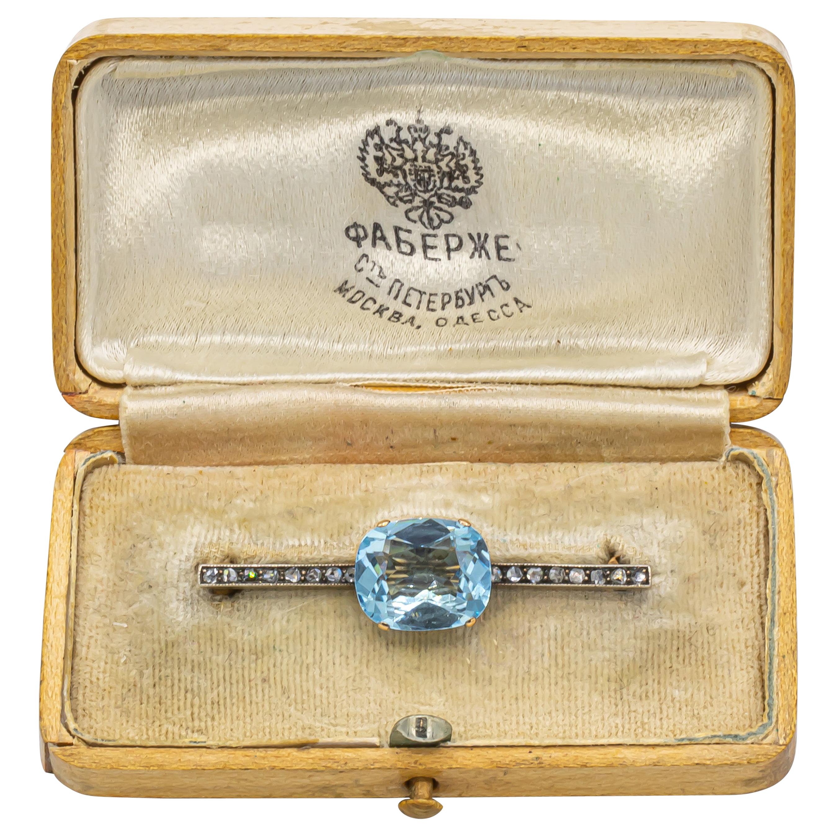 Faberge 5 Carat Aquamarine and Diamond Pin Original Box