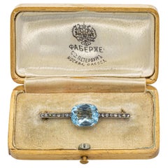 Faberge 5 Carat Aquamarine and Diamond Pin Original Box