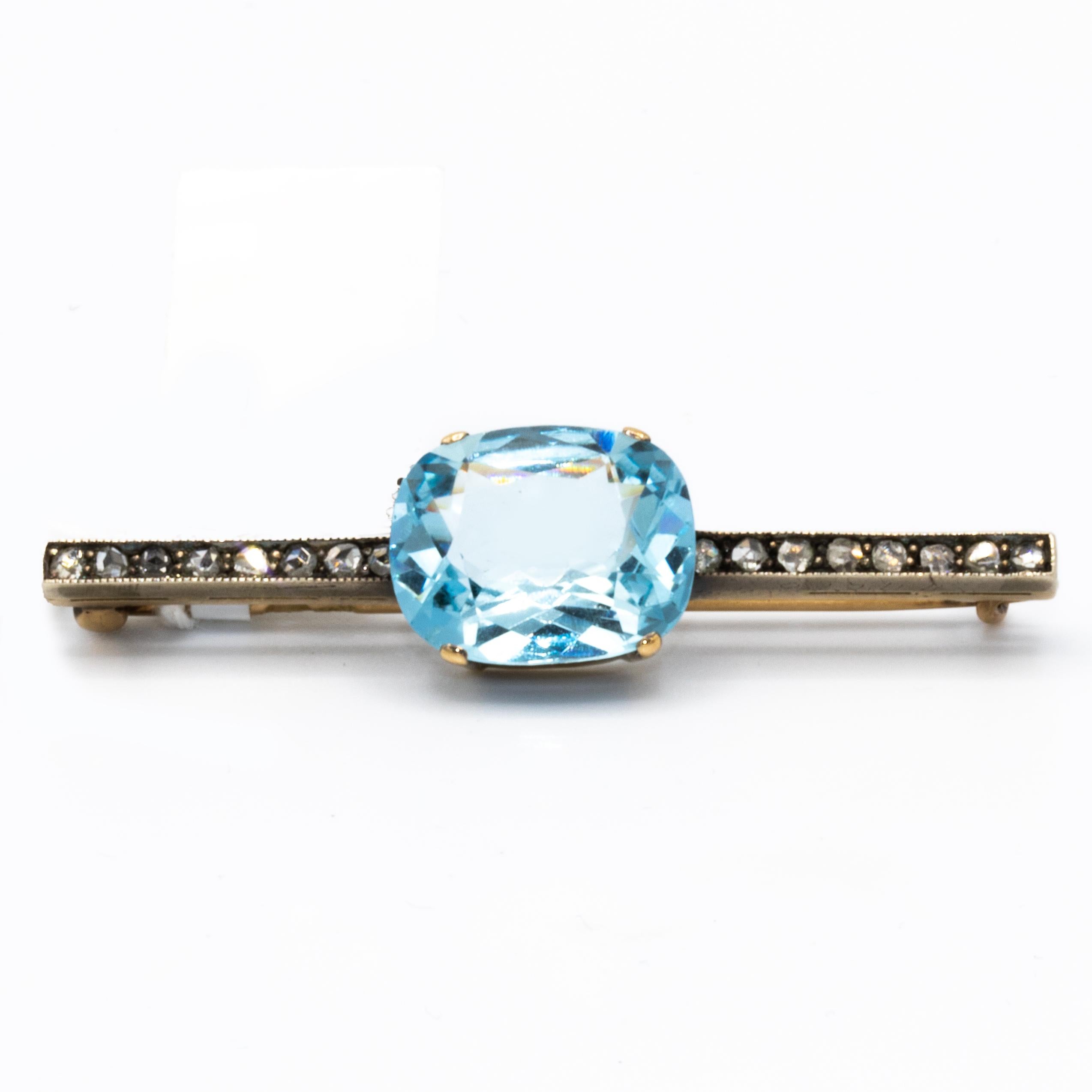 This Beautiful Antique Signed Faberge Pin in the pinnacle of Elegance and Authority. Made between the years of 1856 and 1917, this pin has been through a lot, while remaining in its original box. 
Aquamarine = 5 carats
Diamonds = 0.2 carats
Made