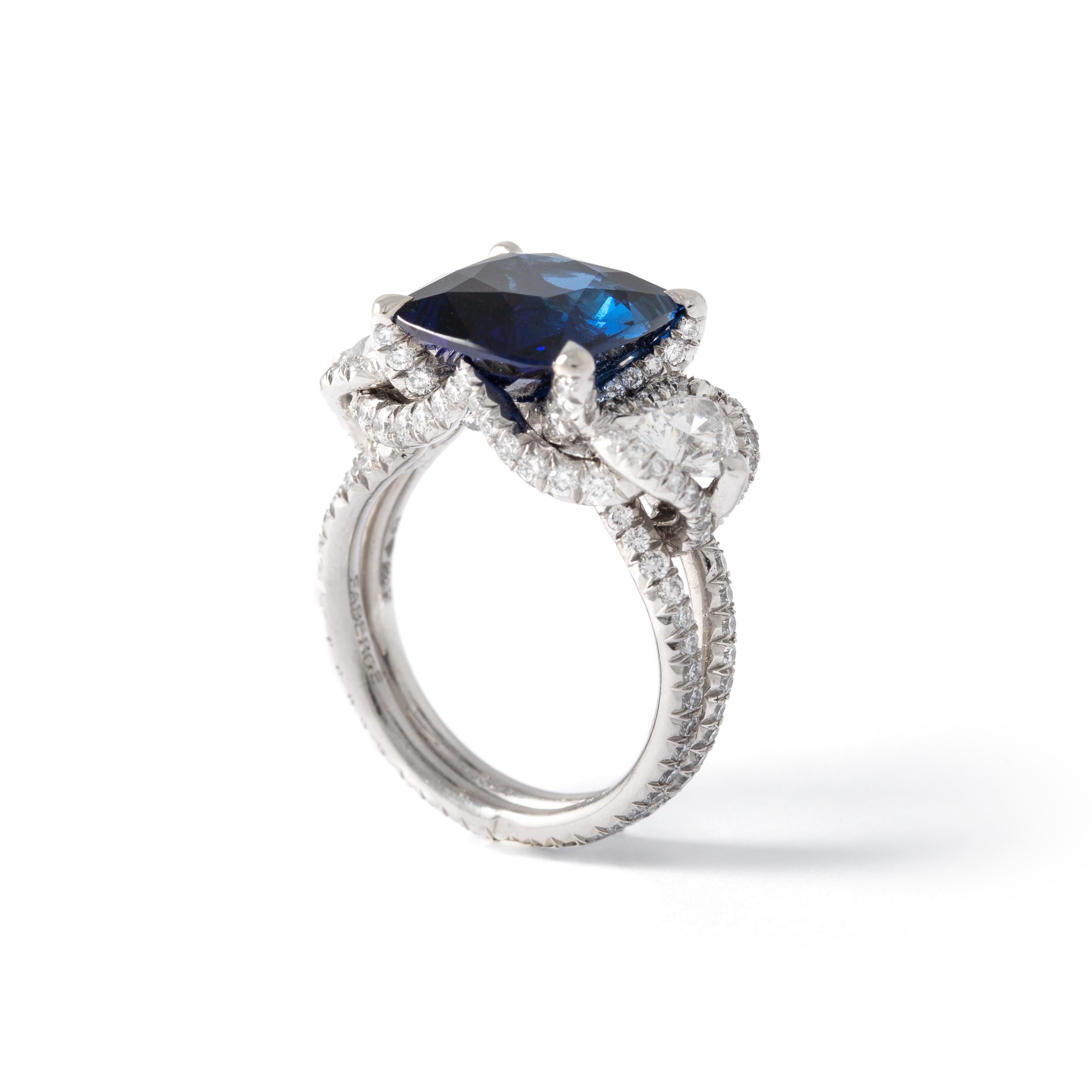 Cushion Cut Fabergé 6.01 Carat Burmese Non Heated Natural Sapphire Diamond Ring