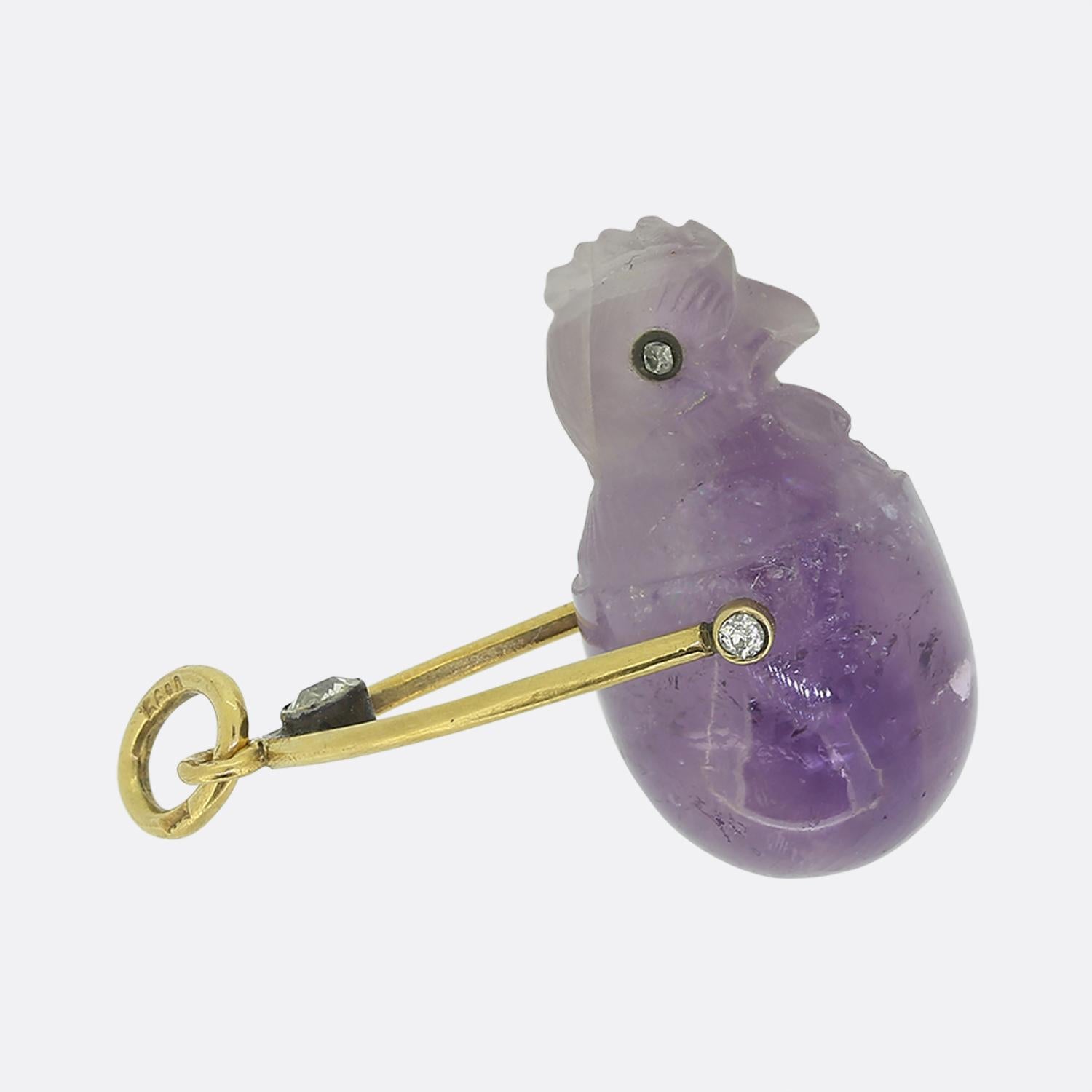 Victorian Fabergé Antique Carved Amethyst and Diamond Baby Chick Swinging Pendant