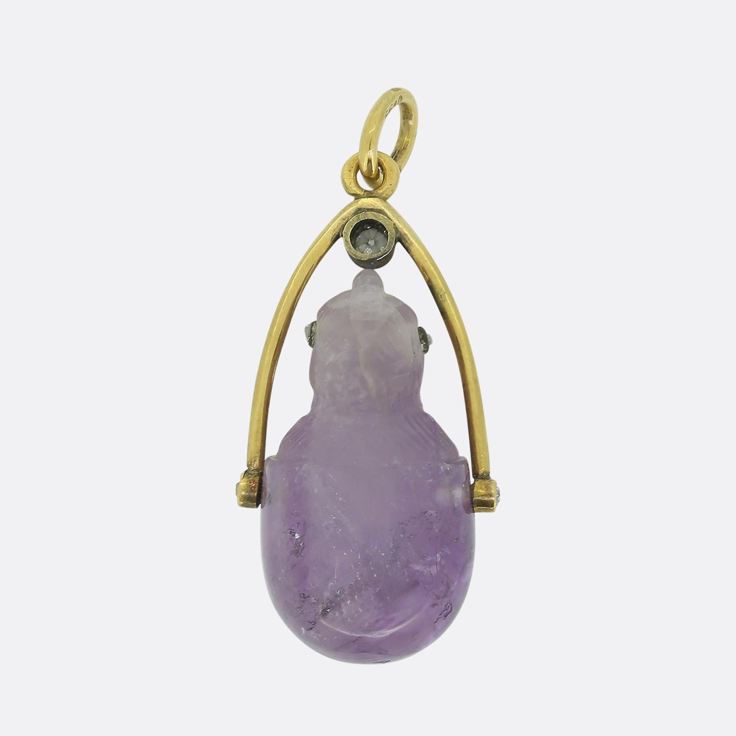 Old European Cut Fabergé Antique Carved Amethyst and Diamond Baby Chick Swinging Pendant