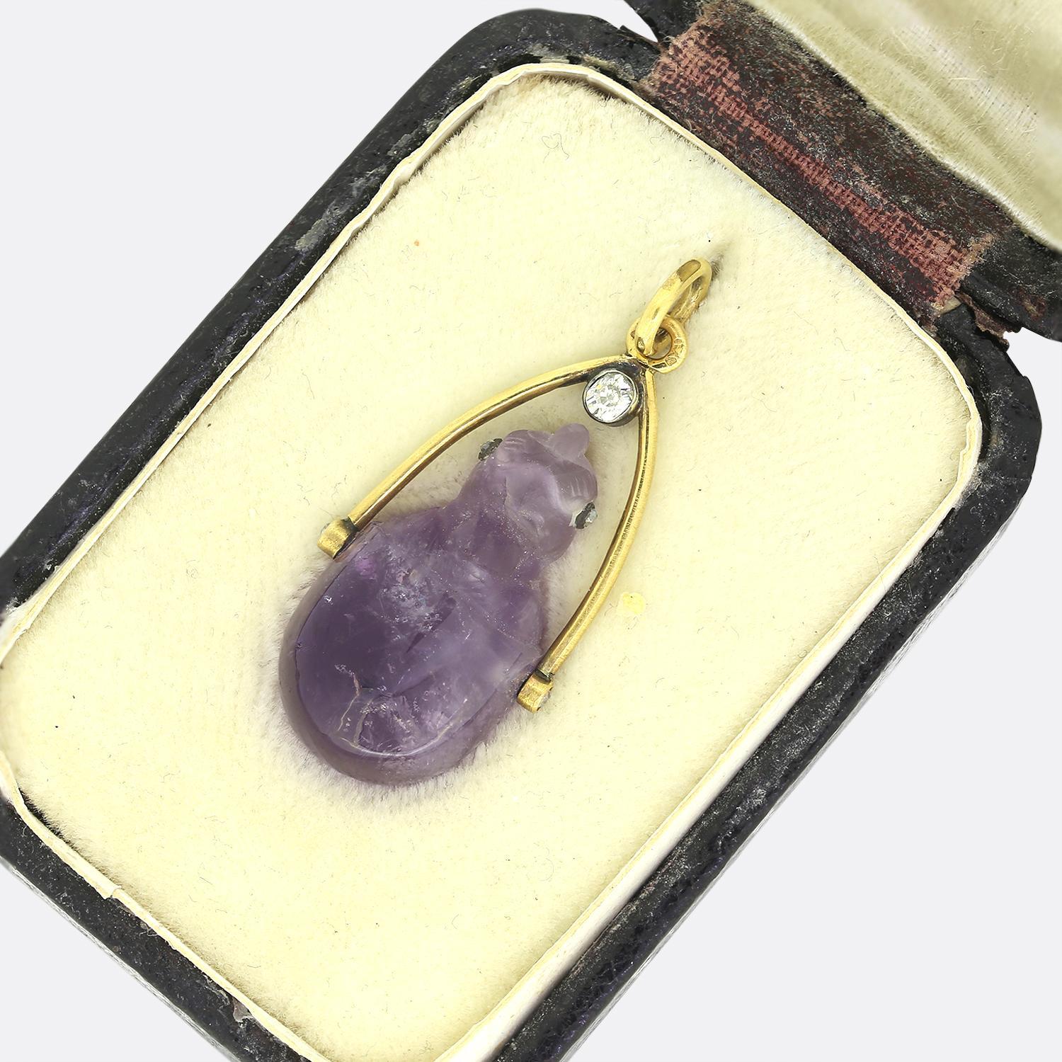 Fabergé Antique Carved Amethyst and Diamond Baby Chick Swinging Pendant In Good Condition In London, GB