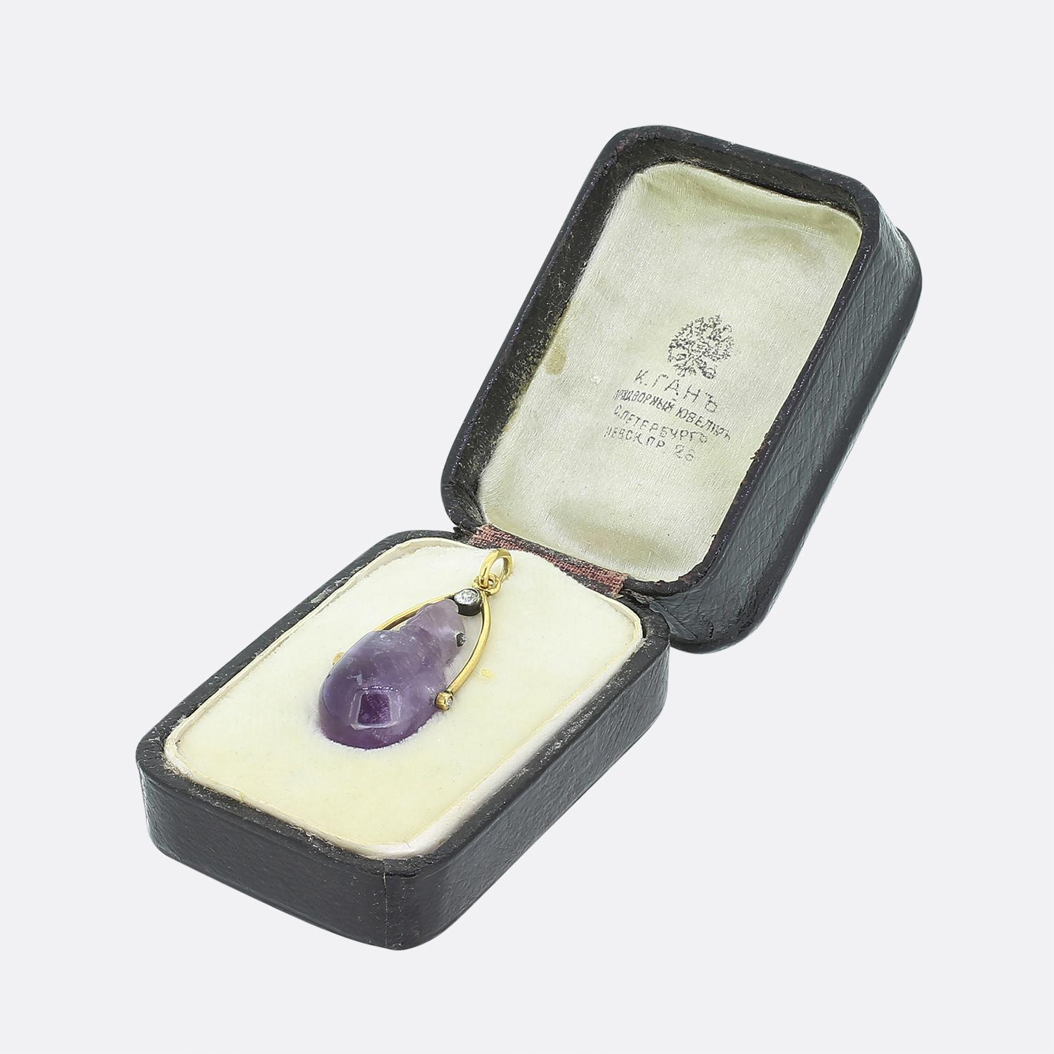 Women's or Men's Fabergé Antique Carved Amethyst and Diamond Baby Chick Swinging Pendant