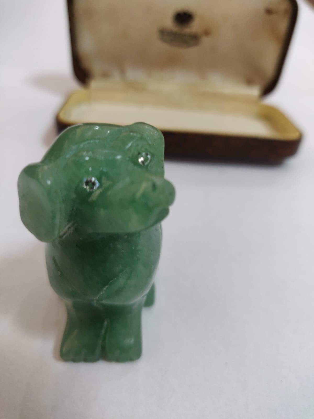 Antique Russian dog figurine made of natural Nephrite (jade) stone with diamond eyes by Karl Faberge. Come with original Faberge box.