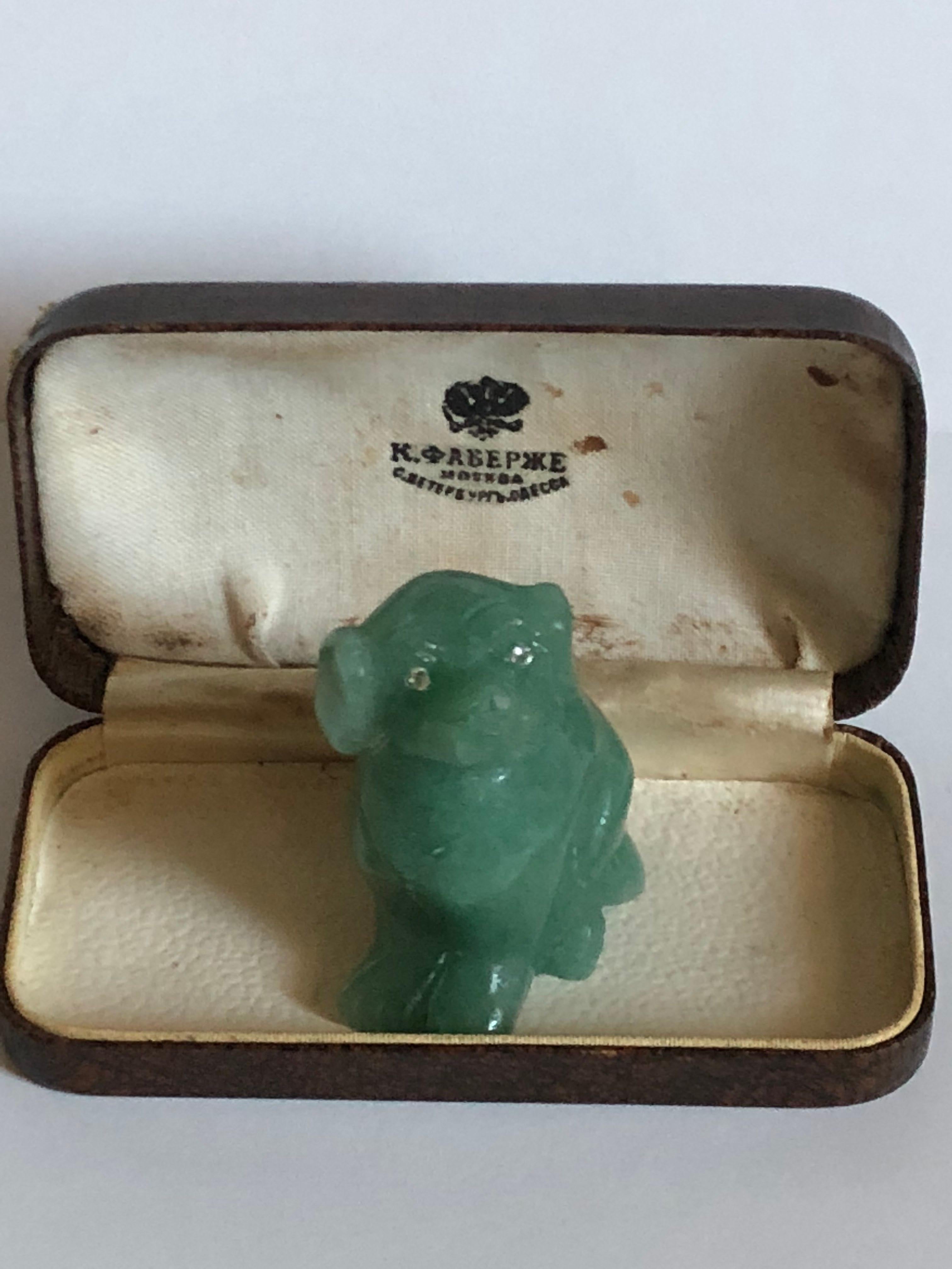 Old Mine Cut Faberge Antique Imperial Russian Dog Figure in Nephrite Stone with Diamond Eyes For Sale