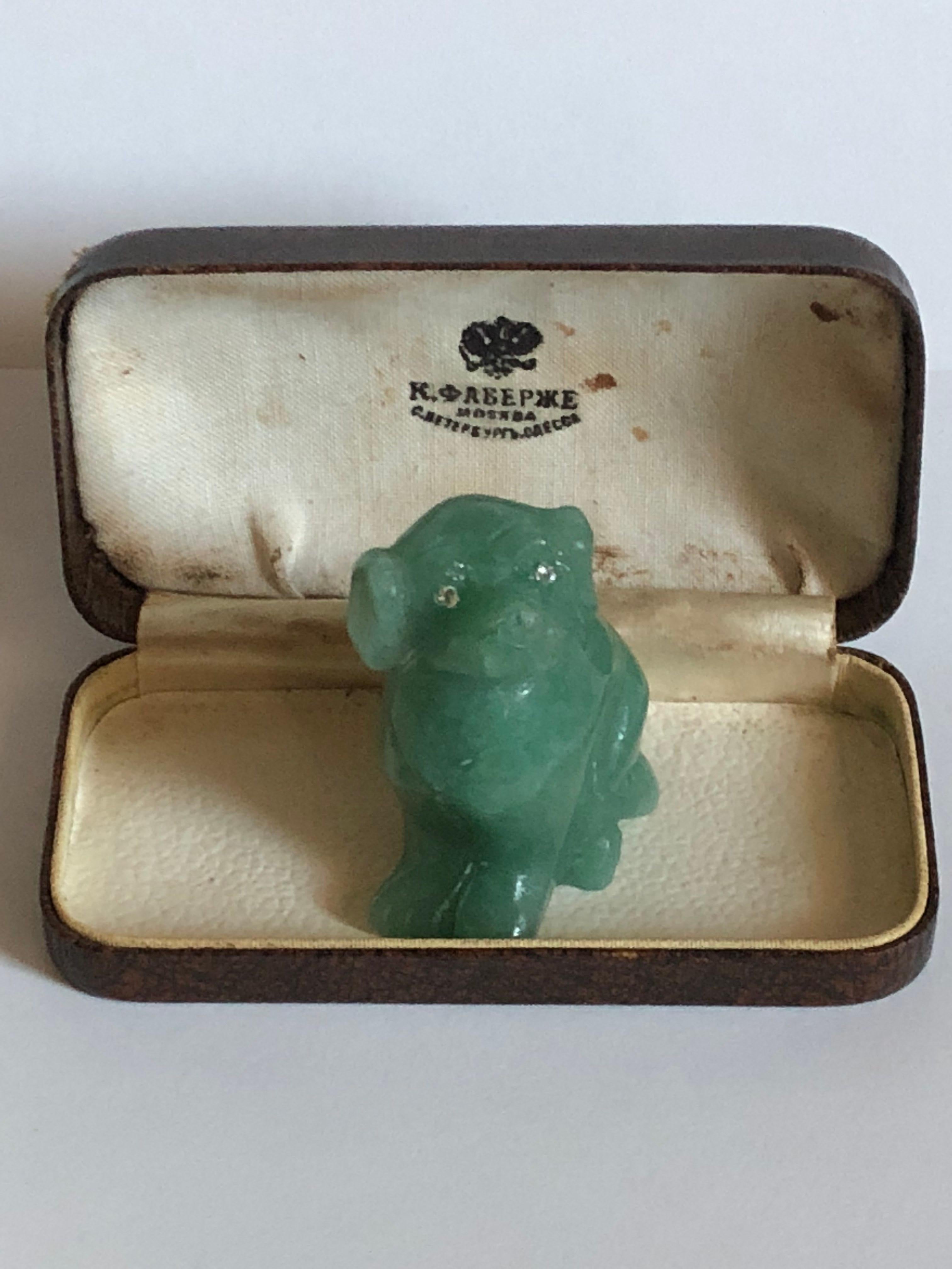 Faberge Antique Imperial Russian Dog Figure in Nephrite Stone with Diamond Eyes In Good Condition For Sale In Houston, TX