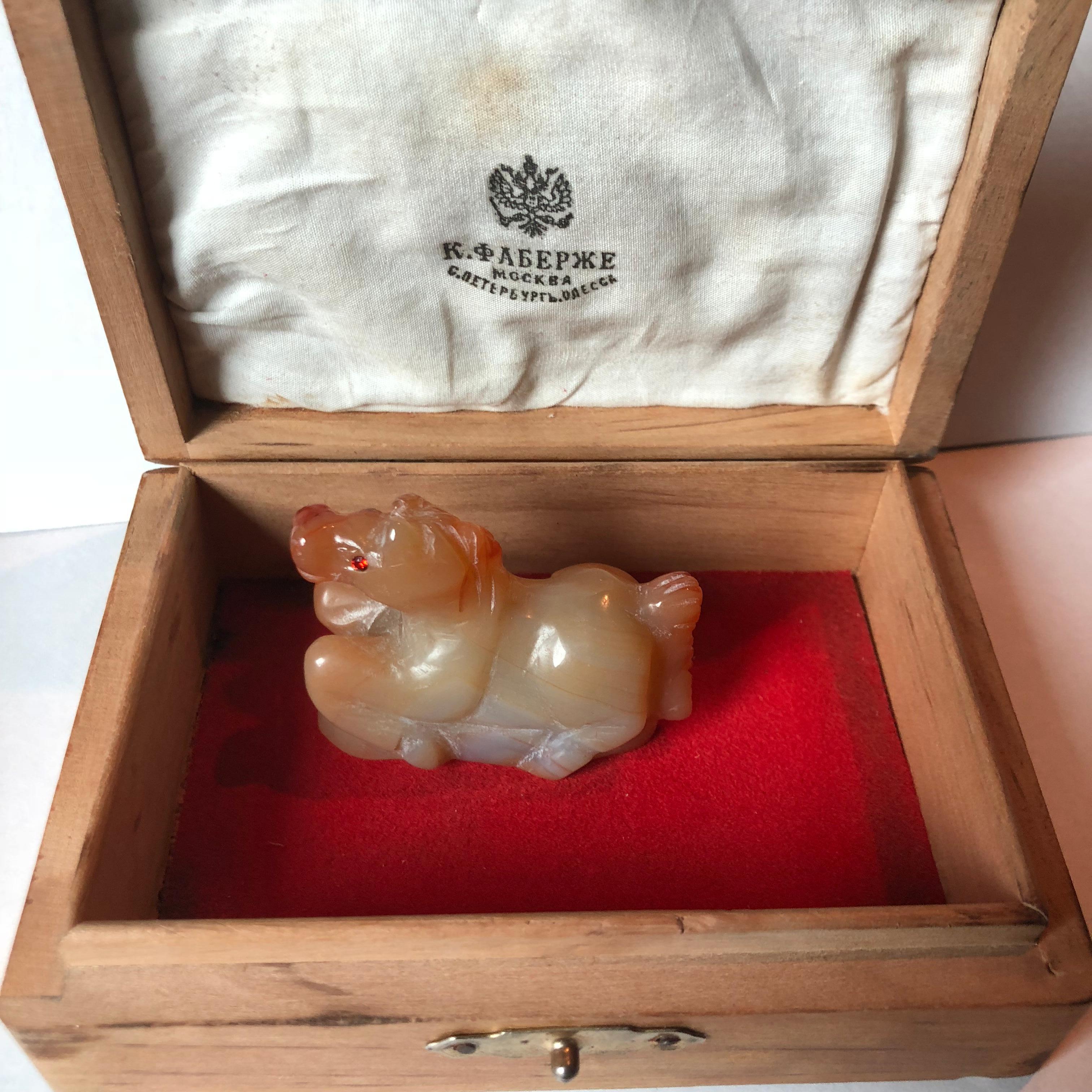 Antique old Fabrege Russian Horse Figurine in natural agate and rubies stones in eyes. St. Petersburg, Russia. Made by Karl Faberge.This figurine is available along with its original box.
