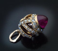 Faberge Antique Russian Cabochon Ruby Rose Cut Diamond Gold Egg Pendant