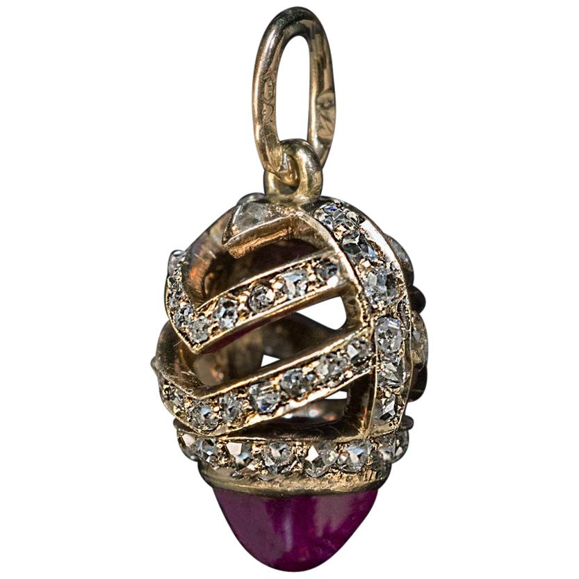 Faberge Antique Russian Cabochon Ruby Rose Cut Diamond Gold Egg Pendant