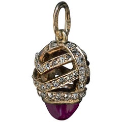 Faberge Antique Russian Cabochon Ruby Rose Cut Diamond Gold Egg Pendant