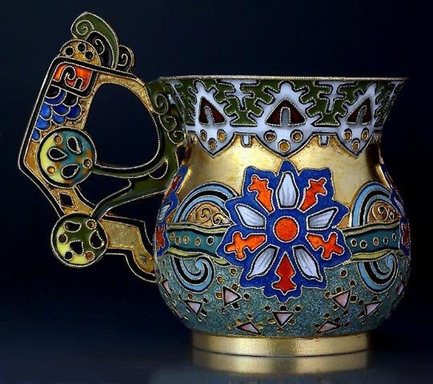 Victorian Antique Russian Cloisonne Enamel Vodka Cup by Faberge For Sale