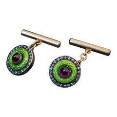 Faberge Antique Russian Enamel Ruby Diamond Gold Silver Cufflinks