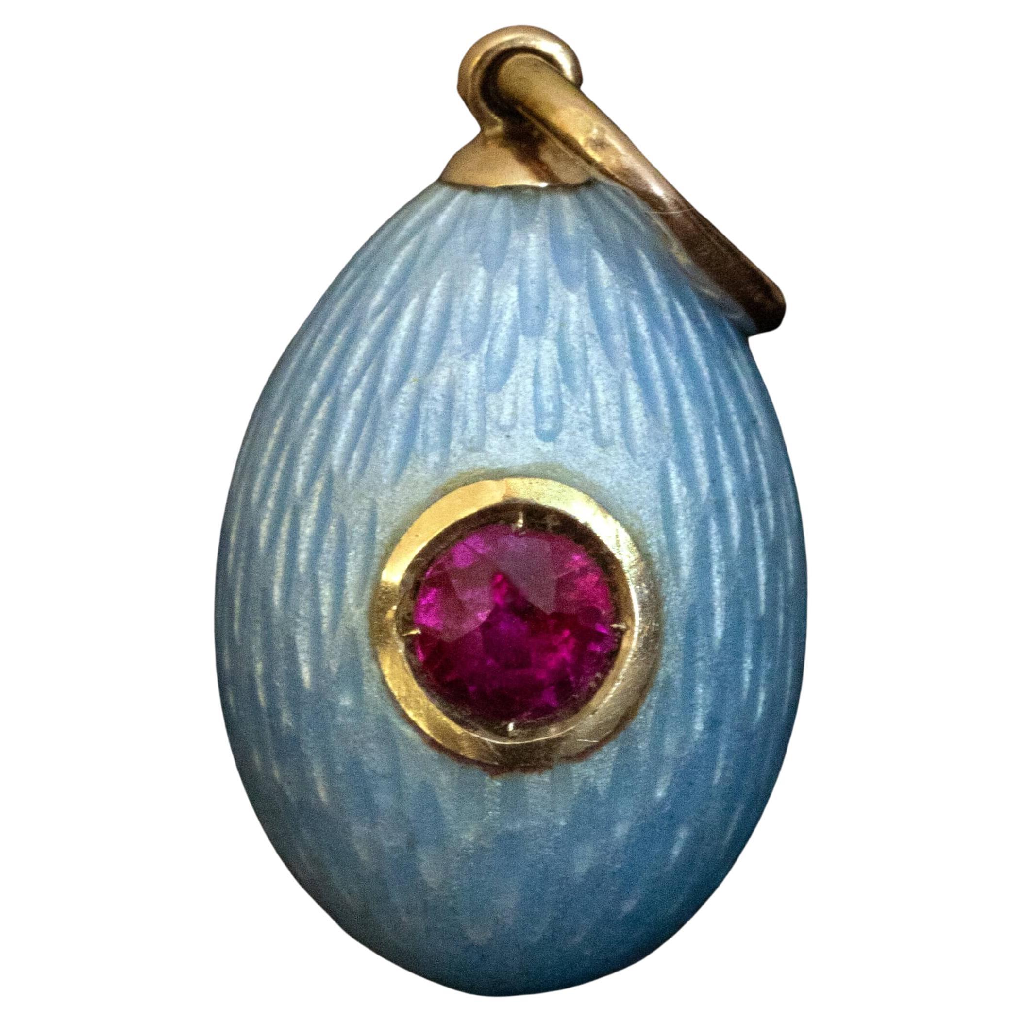 Faberge Antique Russian Guilloche Enamel Miniature Egg Pendant 1900s For Sale