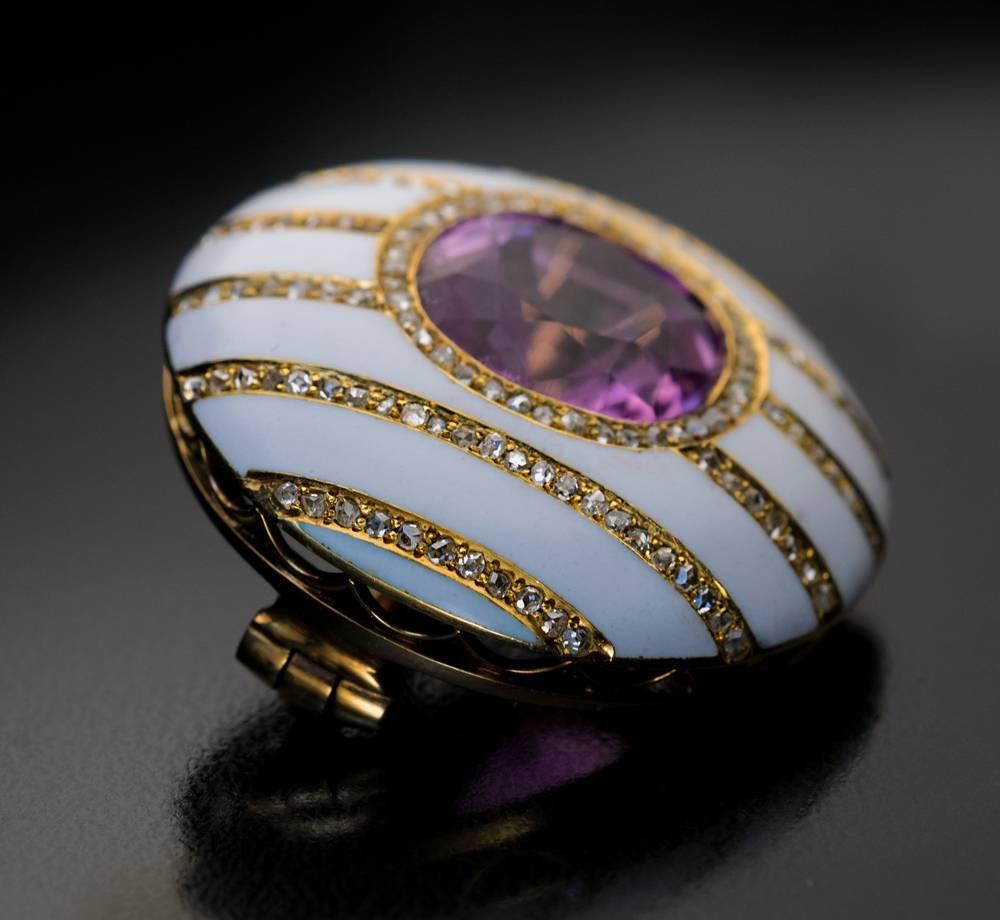 Made in St. Petersburg in the 1890s

The rare antique FABERGE button-shaped brooch is centered with a sparkling pink tourmaline that is elegantly complimented by a glossy white enamel background inlaid with channels of rose cut diamonds.

Diameter