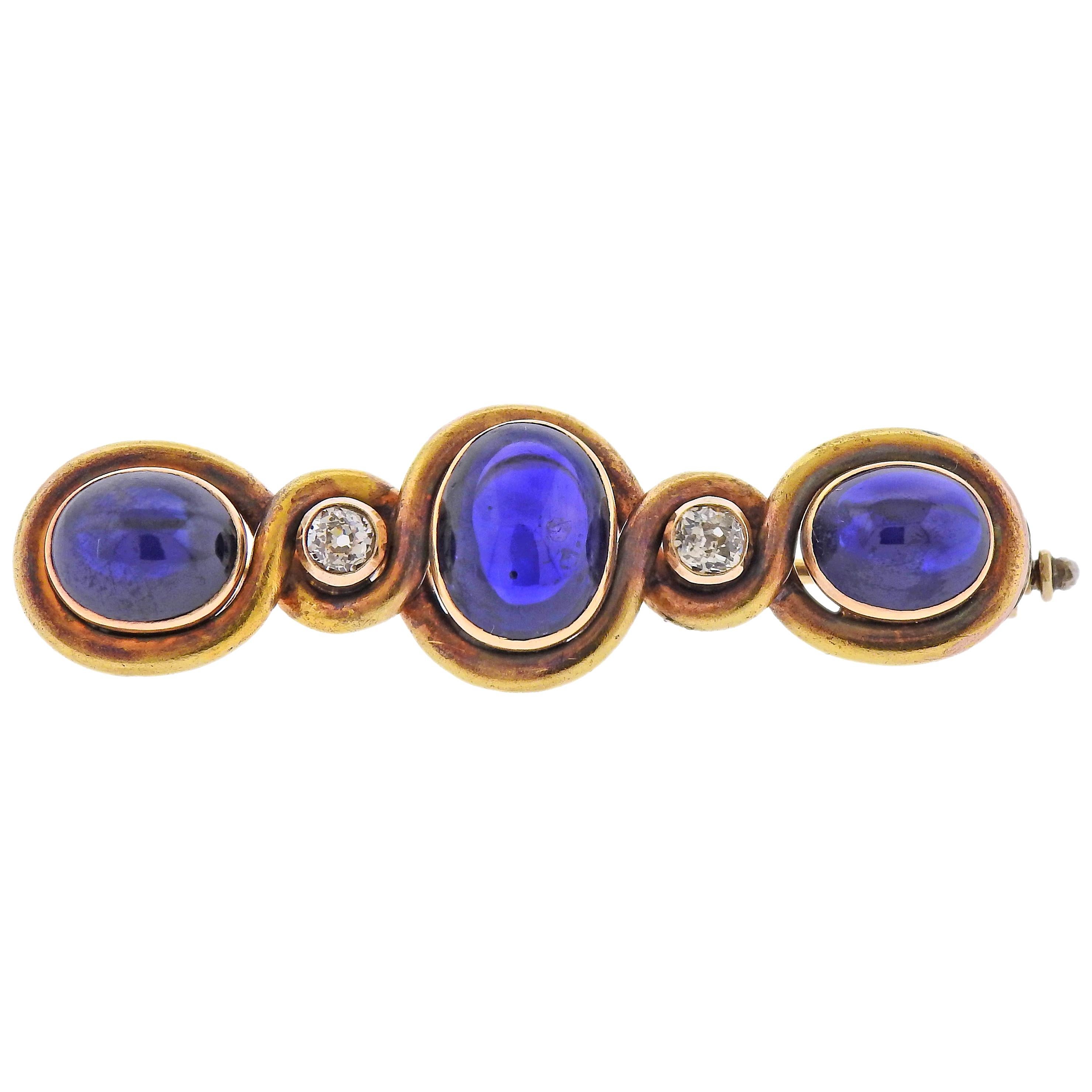 Faberge Antique Sapphire Diamond Gold Brooch For Sale at 1stDibs