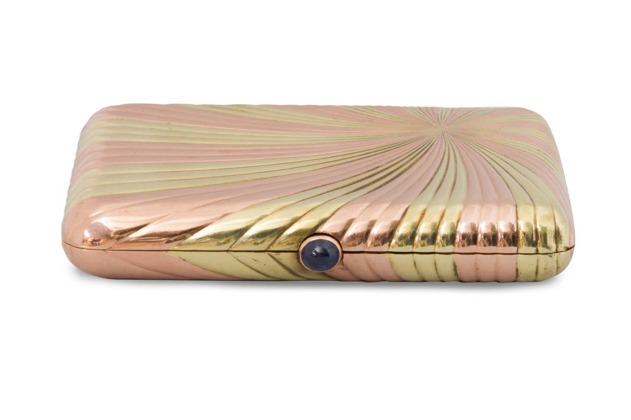 1896 - 1908 Circa Yellow and Rose Gold Faberge Cigarette Case. Workmaster  August Hollming, ST Petersburg with scratched inventory number 5695. Of rectangular shape.
