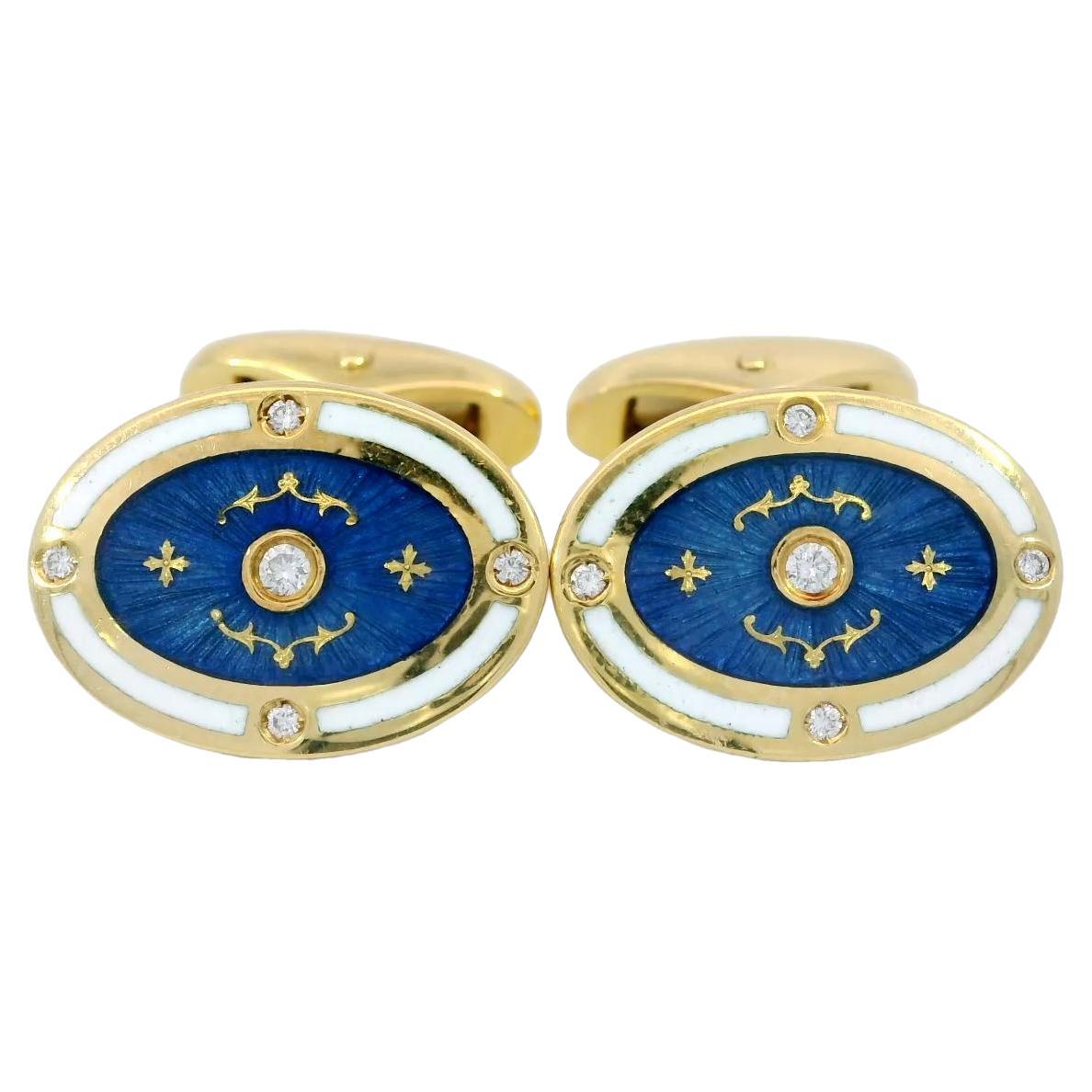 Boutons de manchette en or jaune 18 carats, émail bleu et diamants Fabergé Production limitée