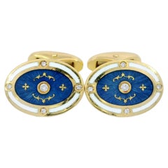 Boutons de manchette en or jaune 18 carats, émail bleu et diamants Fabergé Production limitée