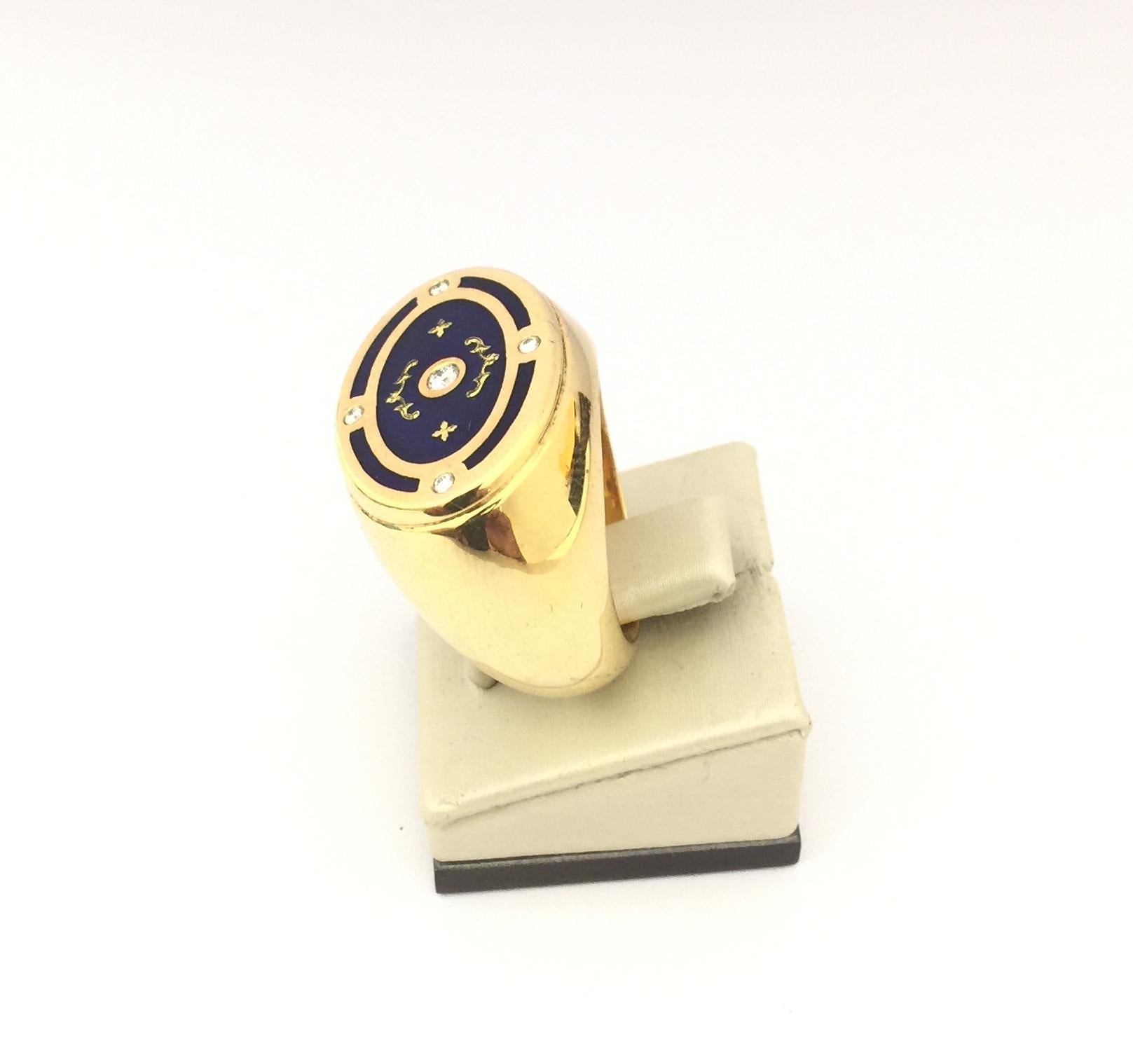 Faberge Blue Enamel and Diamonds Men's Ring.
18k Yellow Gold 
Blue Enamel
Diamonds 0.07
Size 6.5
F1887BL