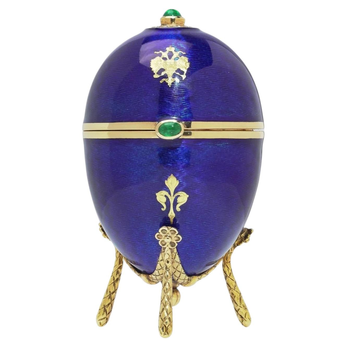 Faberge Blue Enamel, Diamond and Emerald Egg